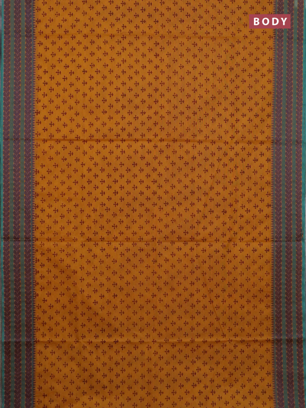Chettinad cotton saree dark mustard and teal green with allover butta prints and thread woven border - Image 2