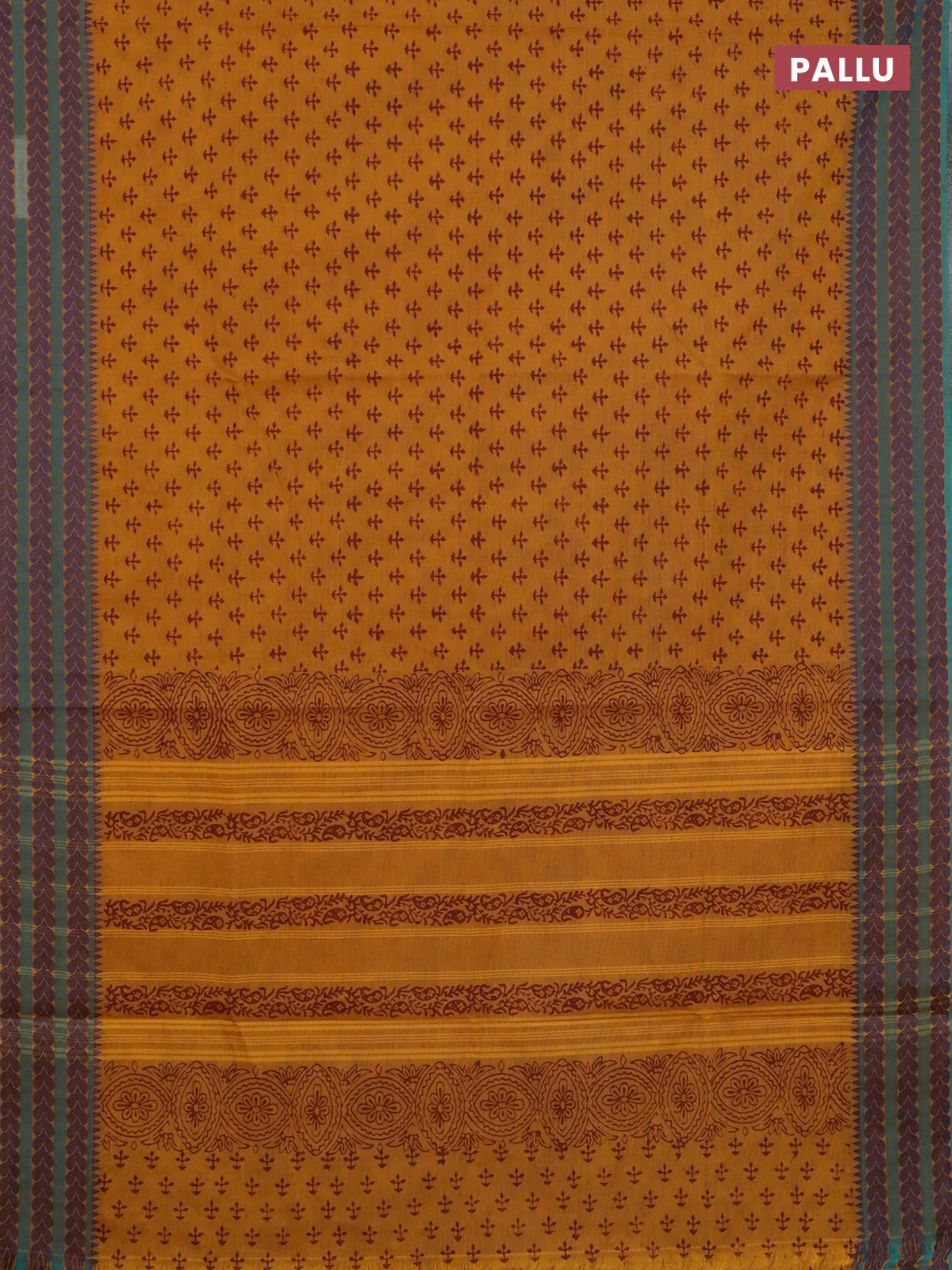 Chettinad cotton saree dark mustard and teal green with allover butta prints and thread woven border - Image 3