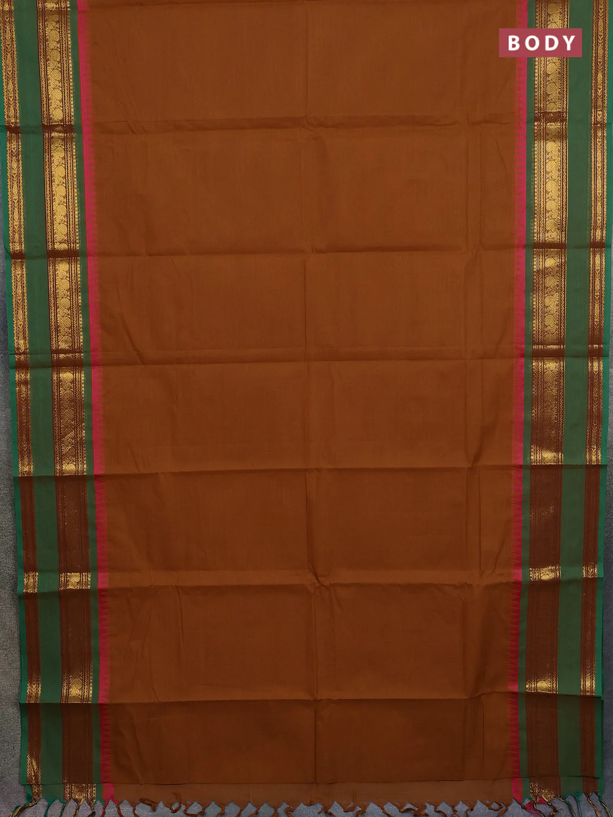 Chettinad cotton saree dark mustard and teal green with plain body and temple design rettapet zari woven border - Image 2