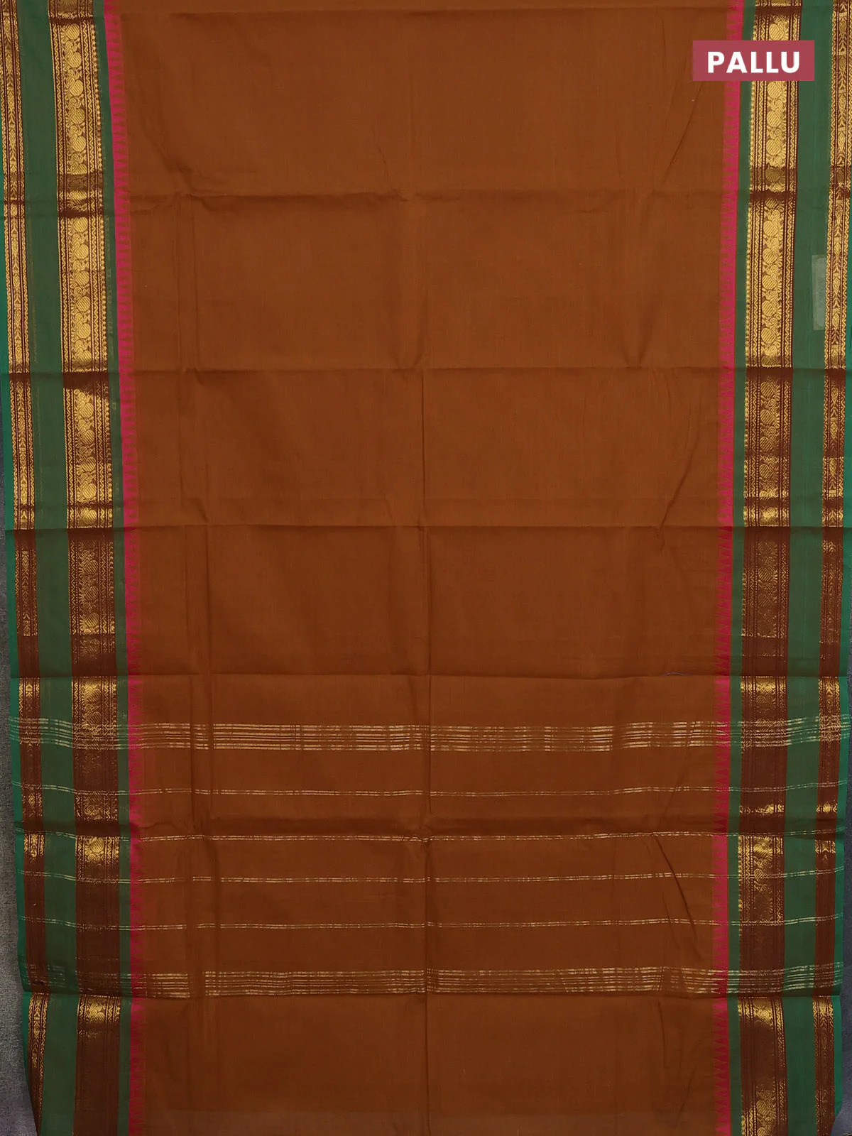 Chettinad cotton saree dark mustard and teal green with plain body and temple design rettapet zari woven border - Image 3