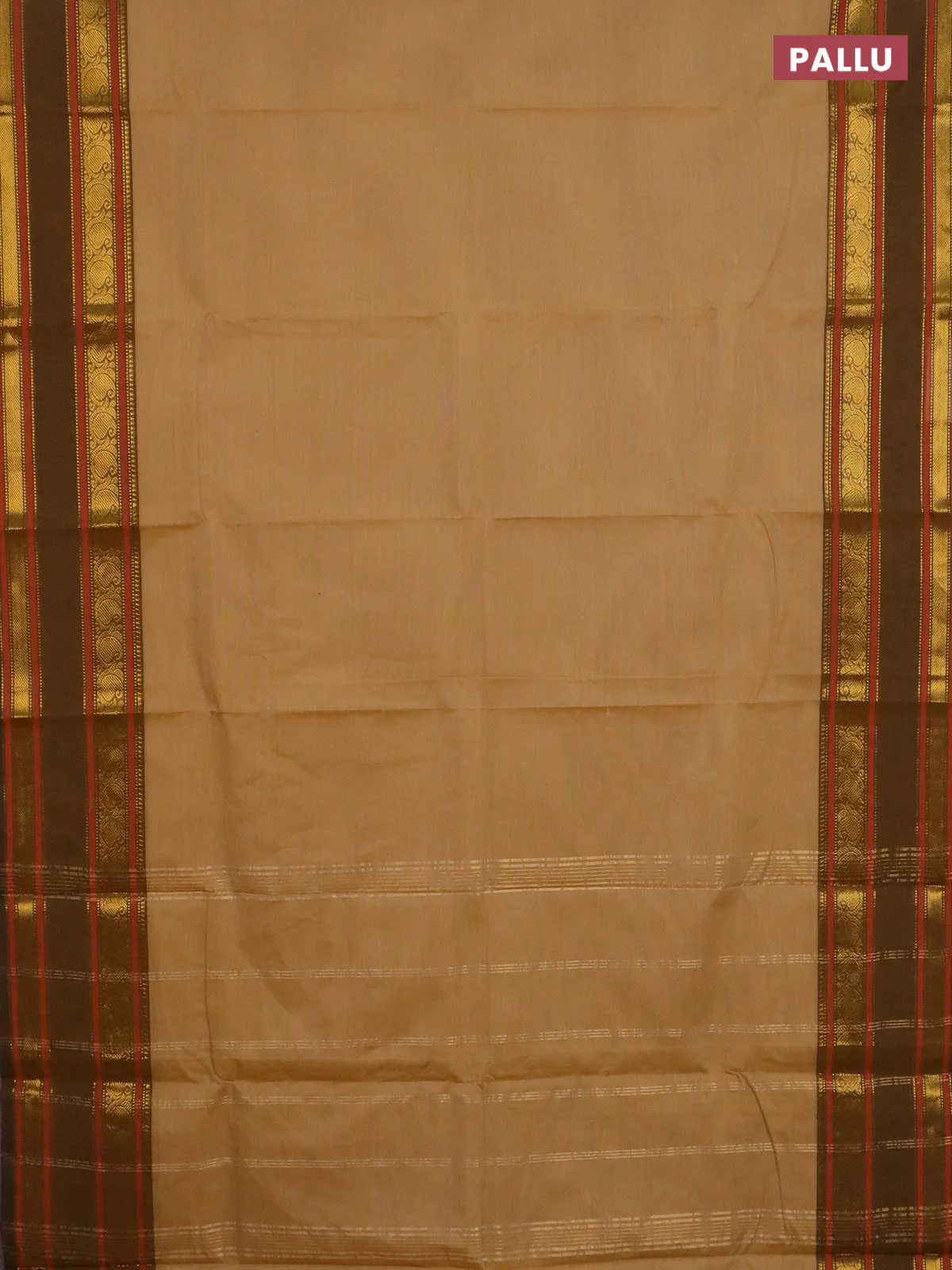 Chettinad cotton saree dark sandal and red with plain body and rettapet zari woven butta border - Image 3