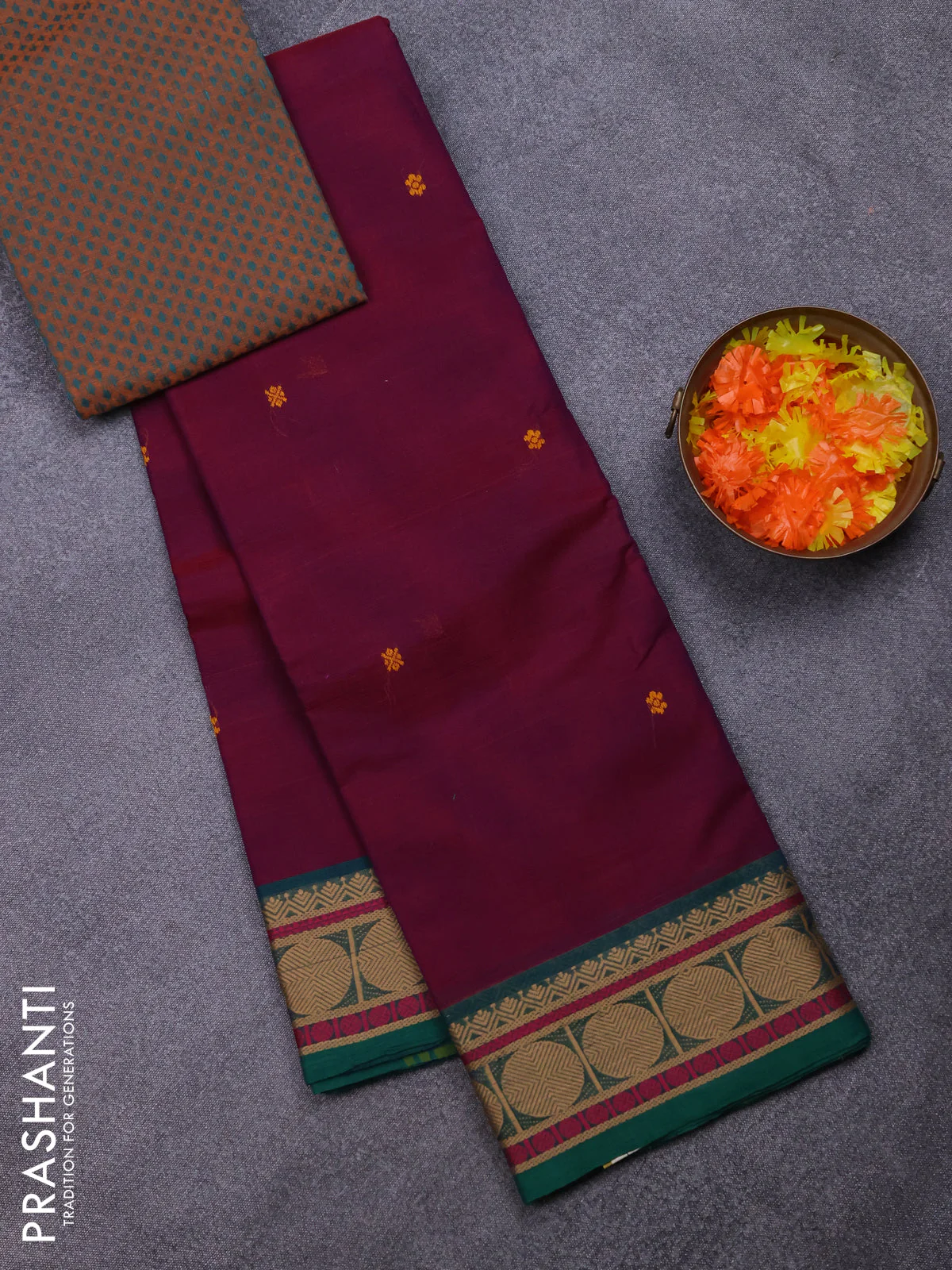 Chettinad cotton saree deep maroon and green with thread woven buttas and thread woven butta border