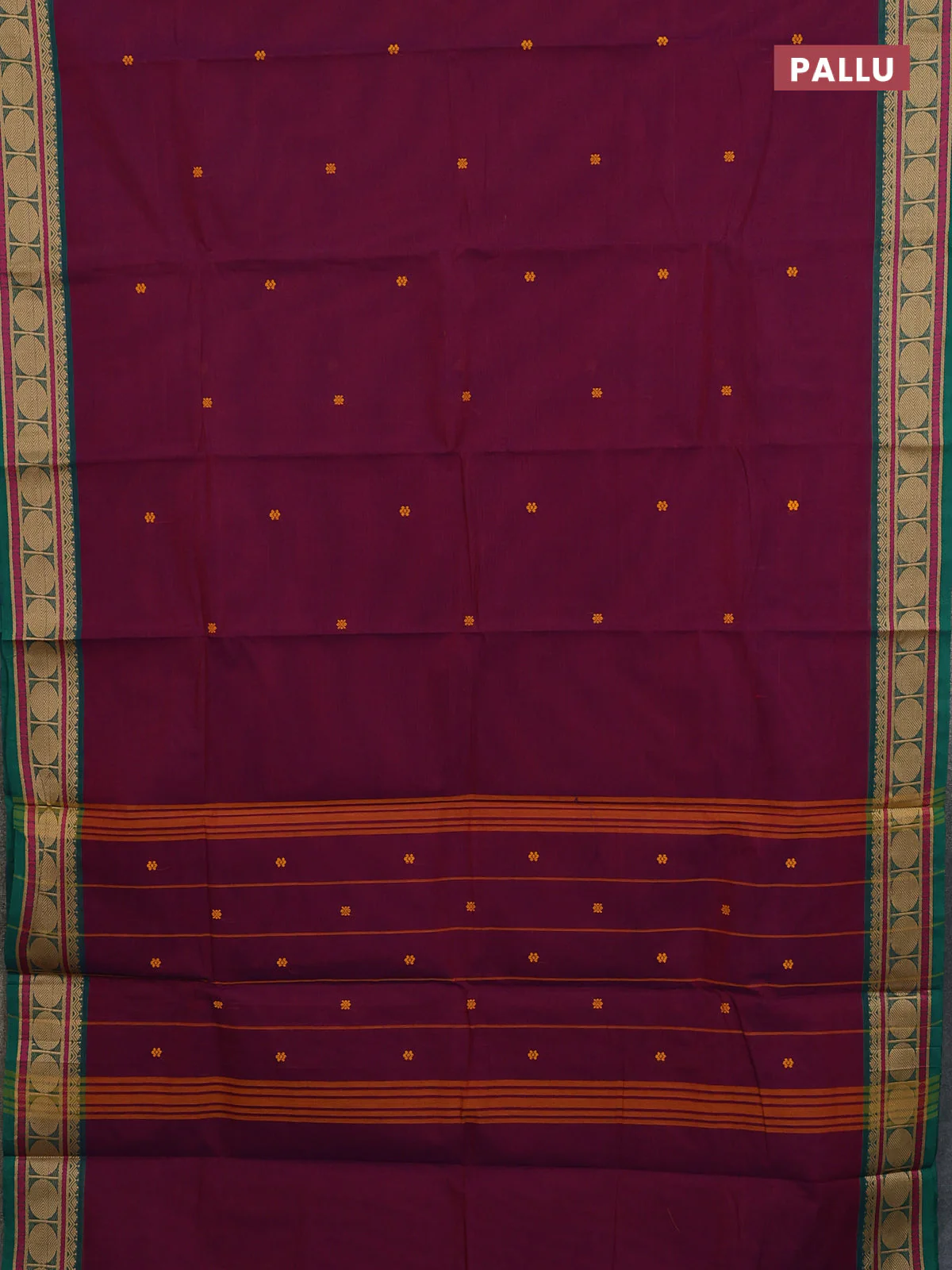 Chettinad cotton saree deep maroon and green with thread woven buttas and thread woven butta border - Image 3