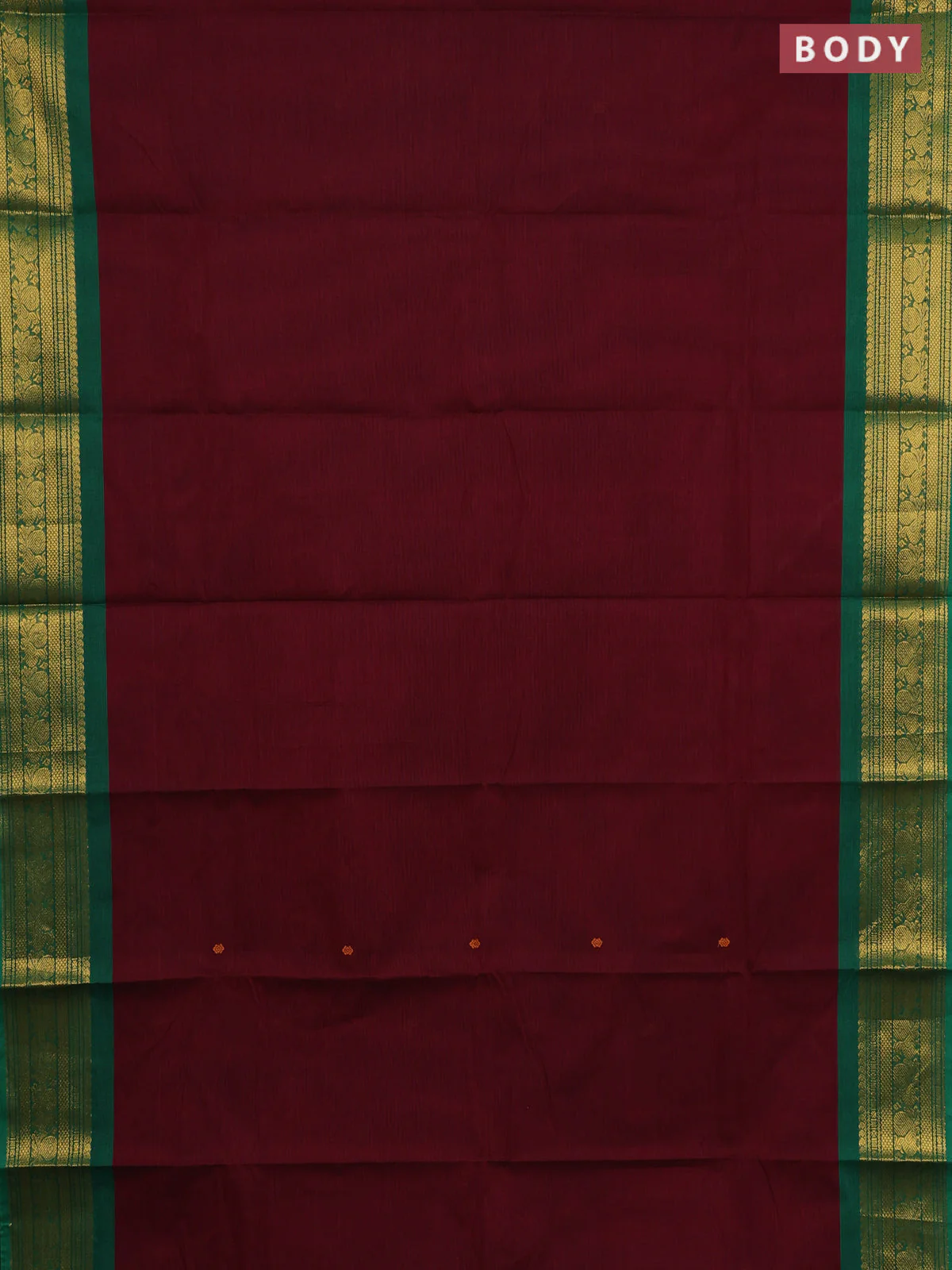 Chettinad cotton saree deep maroon and green with thread woven buttas and zari woven border - Image 2