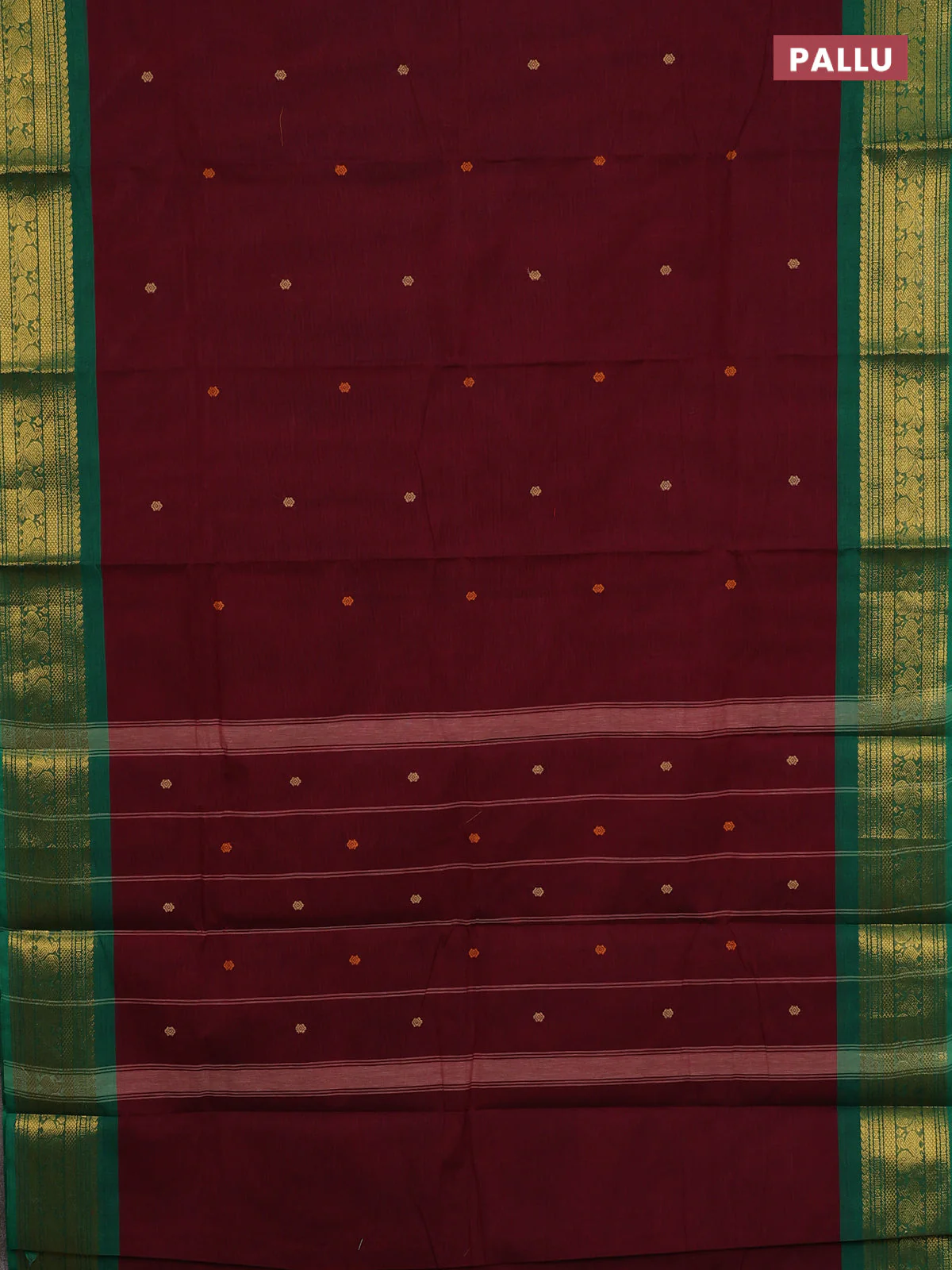 Chettinad cotton saree deep maroon and green with thread woven buttas and zari woven border - Image 3