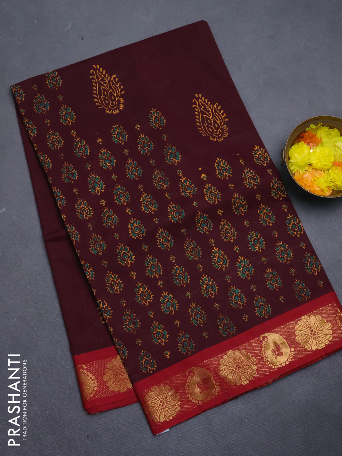 Chettinad cotton saree deep maroon and maroon with butta prints and zari woven border