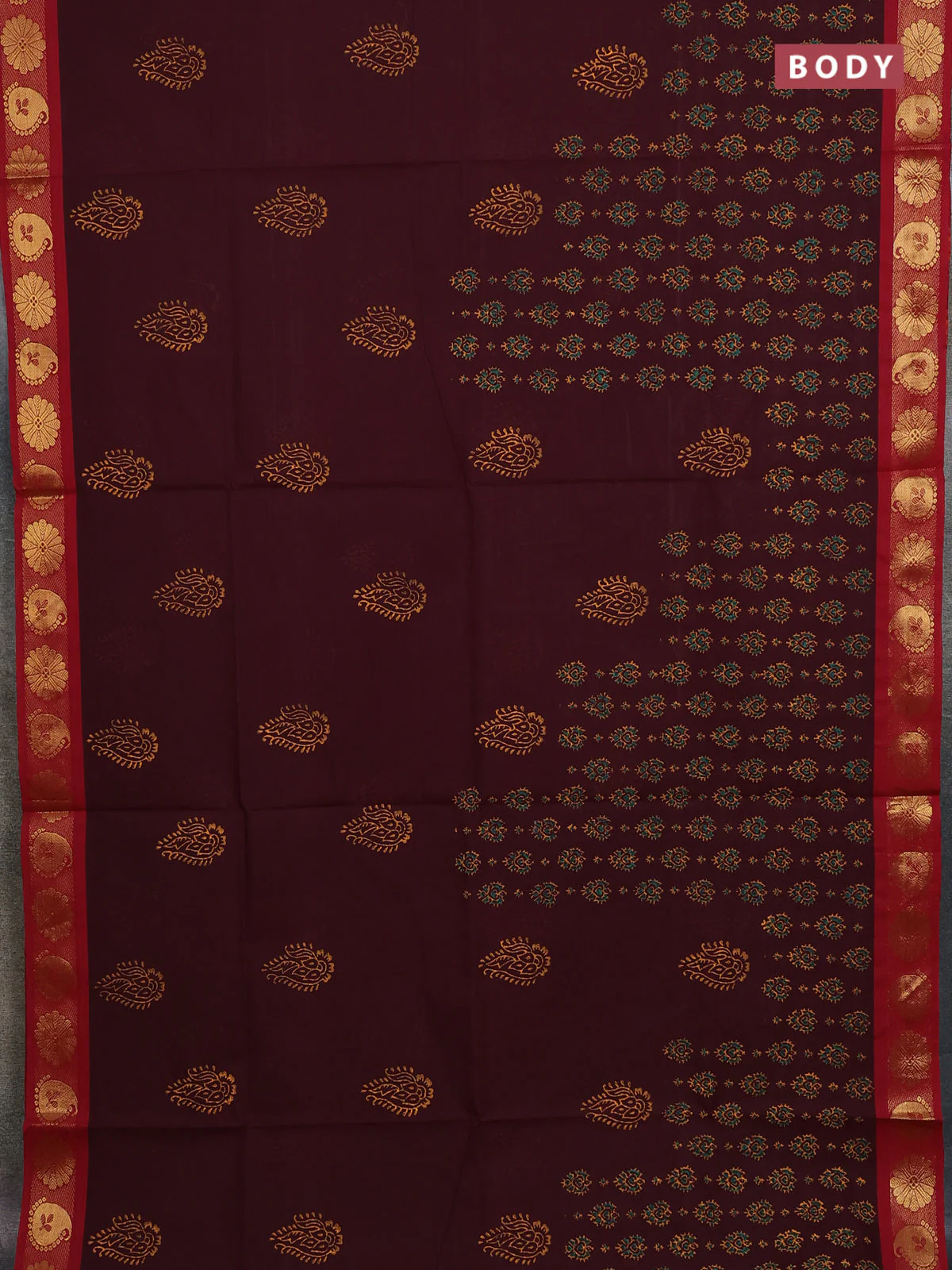 Chettinad cotton saree deep maroon and maroon with butta prints and zari woven border - Image 2