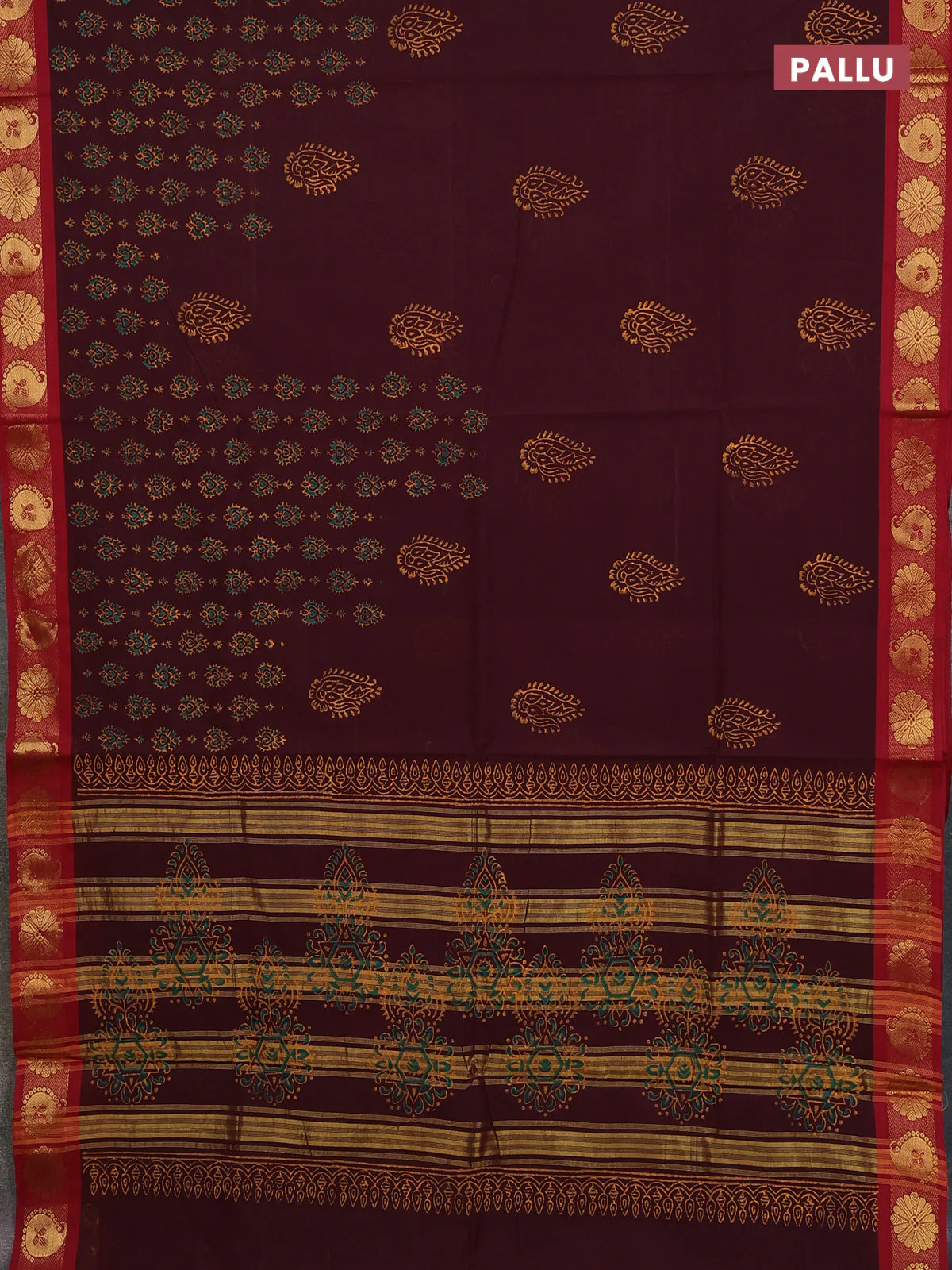 Chettinad cotton saree deep maroon and maroon with butta prints and zari woven border - Image 3