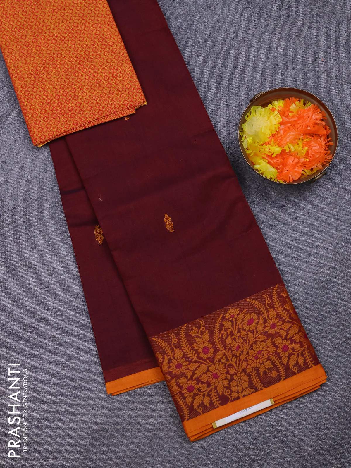 Chettinad cotton saree deep maroon and mustard yellow with thread woven buttas and thread woven border