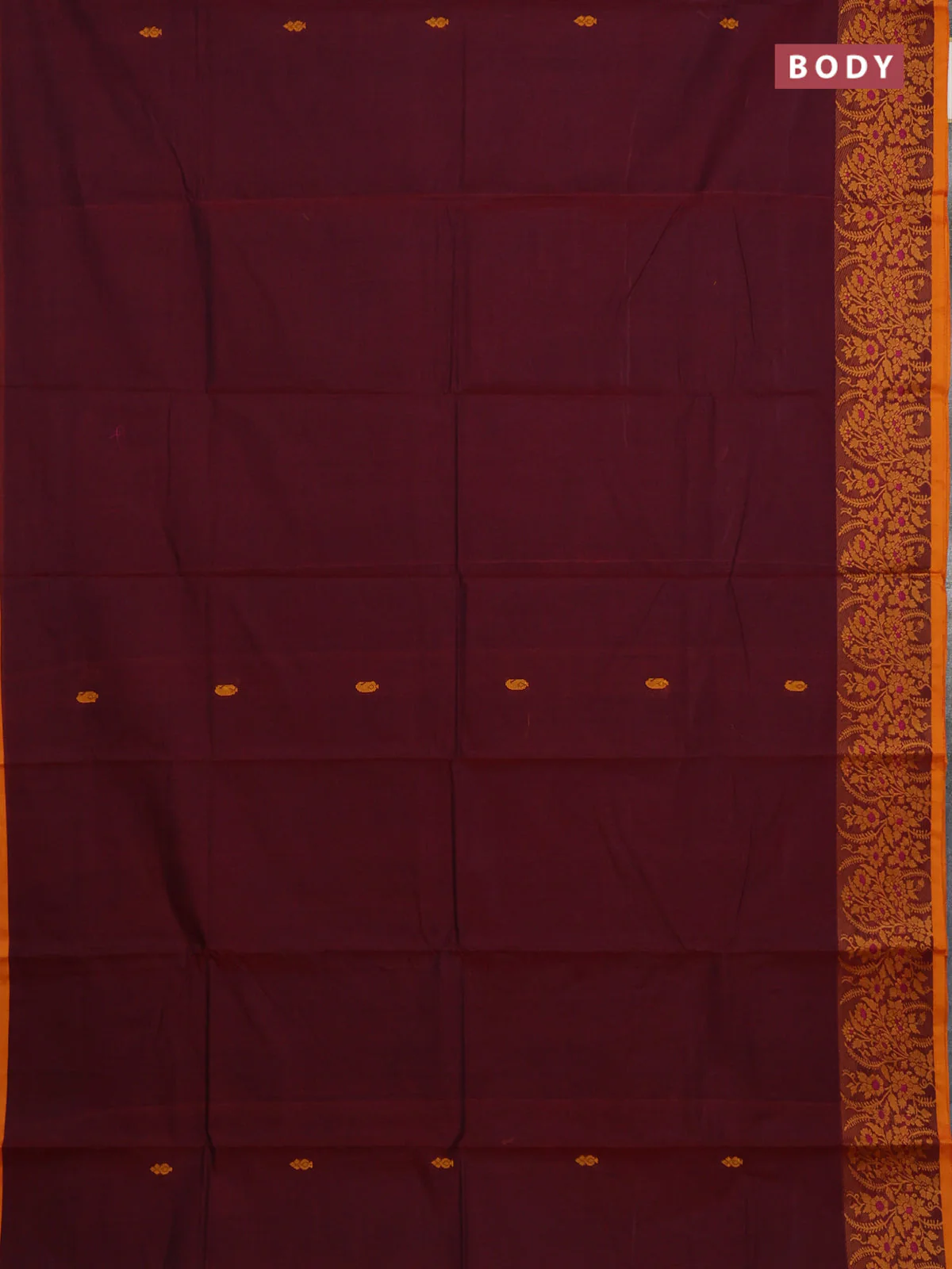 Chettinad cotton saree deep maroon and mustard yellow with thread woven buttas and thread woven border - Image 2