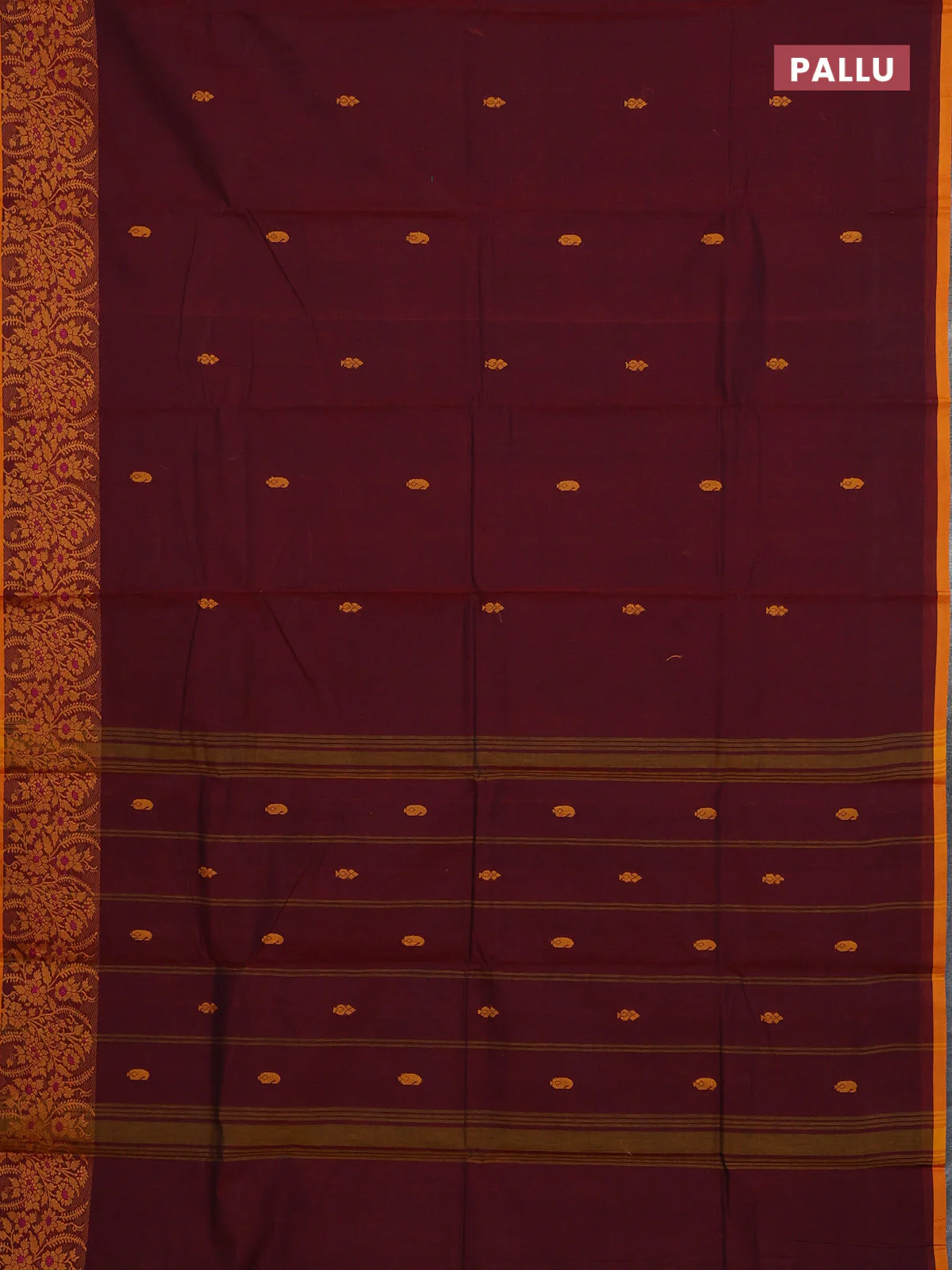 Chettinad cotton saree deep maroon and mustard yellow with thread woven buttas and thread woven border - Image 3