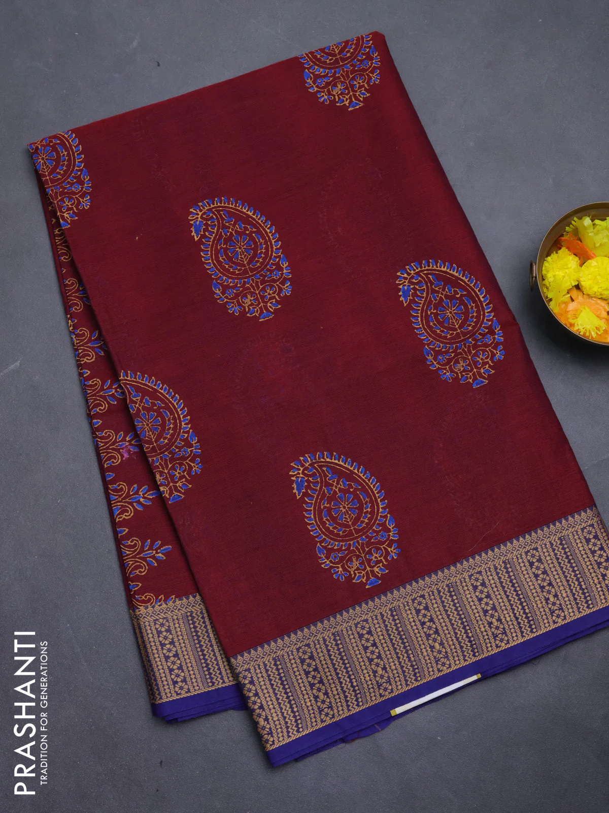 Chettinad cotton saree deep wine and blue with paisley prints and thread woven border