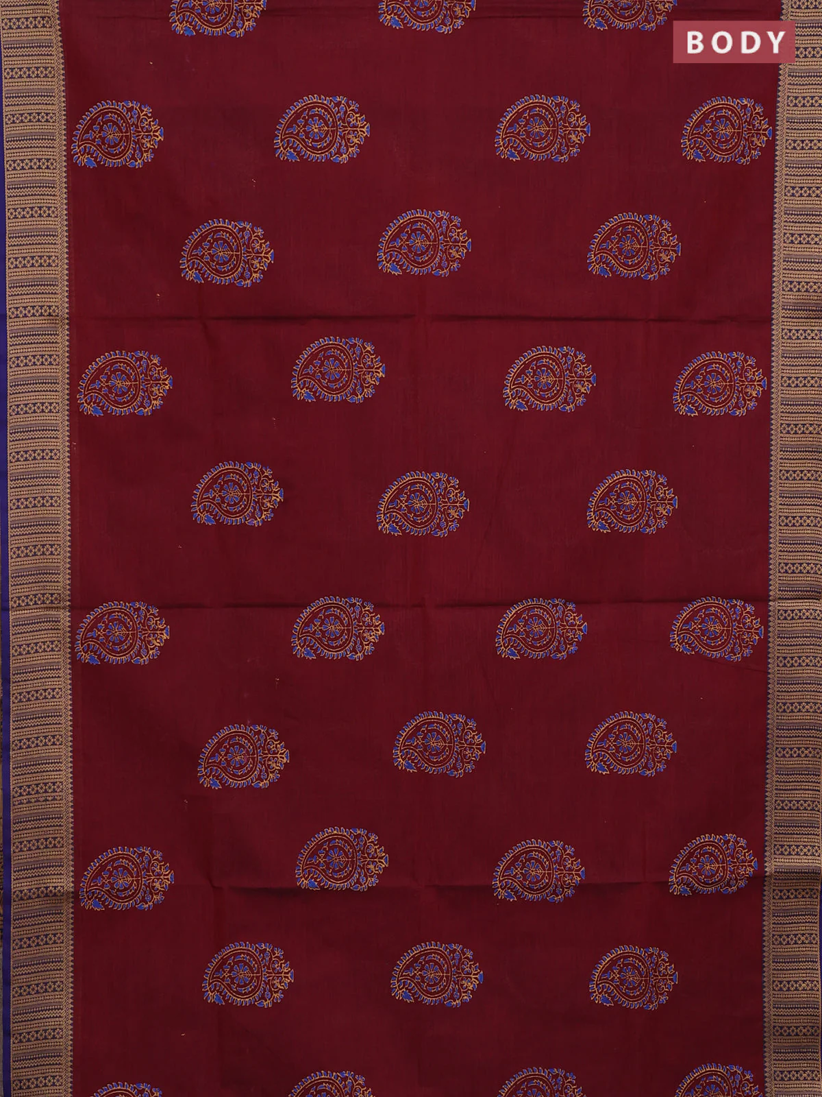 Chettinad cotton saree deep wine and blue with paisley prints and thread woven border - Image 2