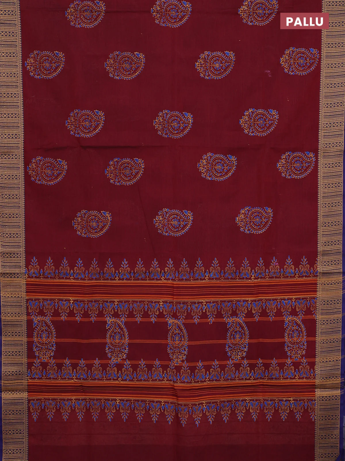 Chettinad cotton saree deep wine and blue with paisley prints and thread woven border - Image 3