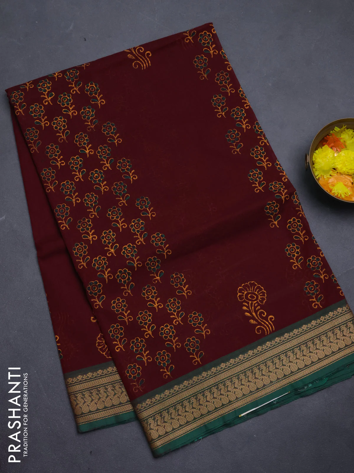 Chettinad cotton saree deep wine and green with allover prints and thread woven border