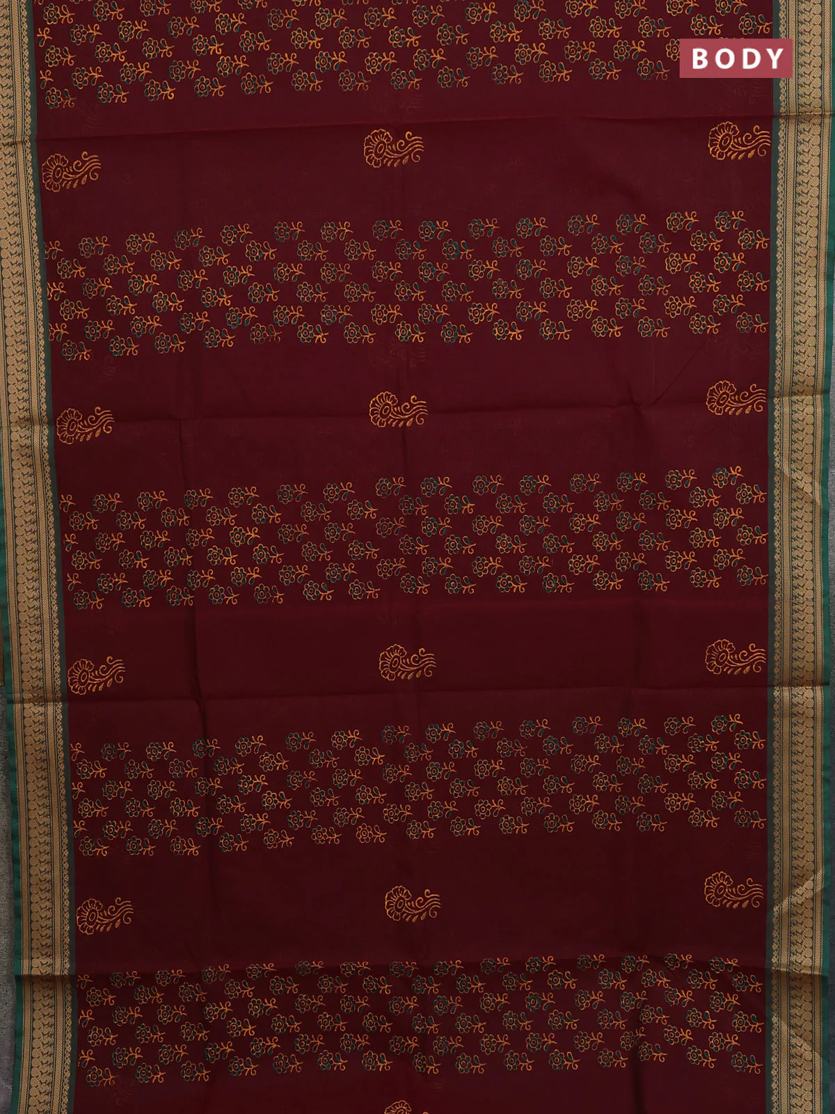 Chettinad cotton saree deep wine and green with allover prints and thread woven border - Image 2