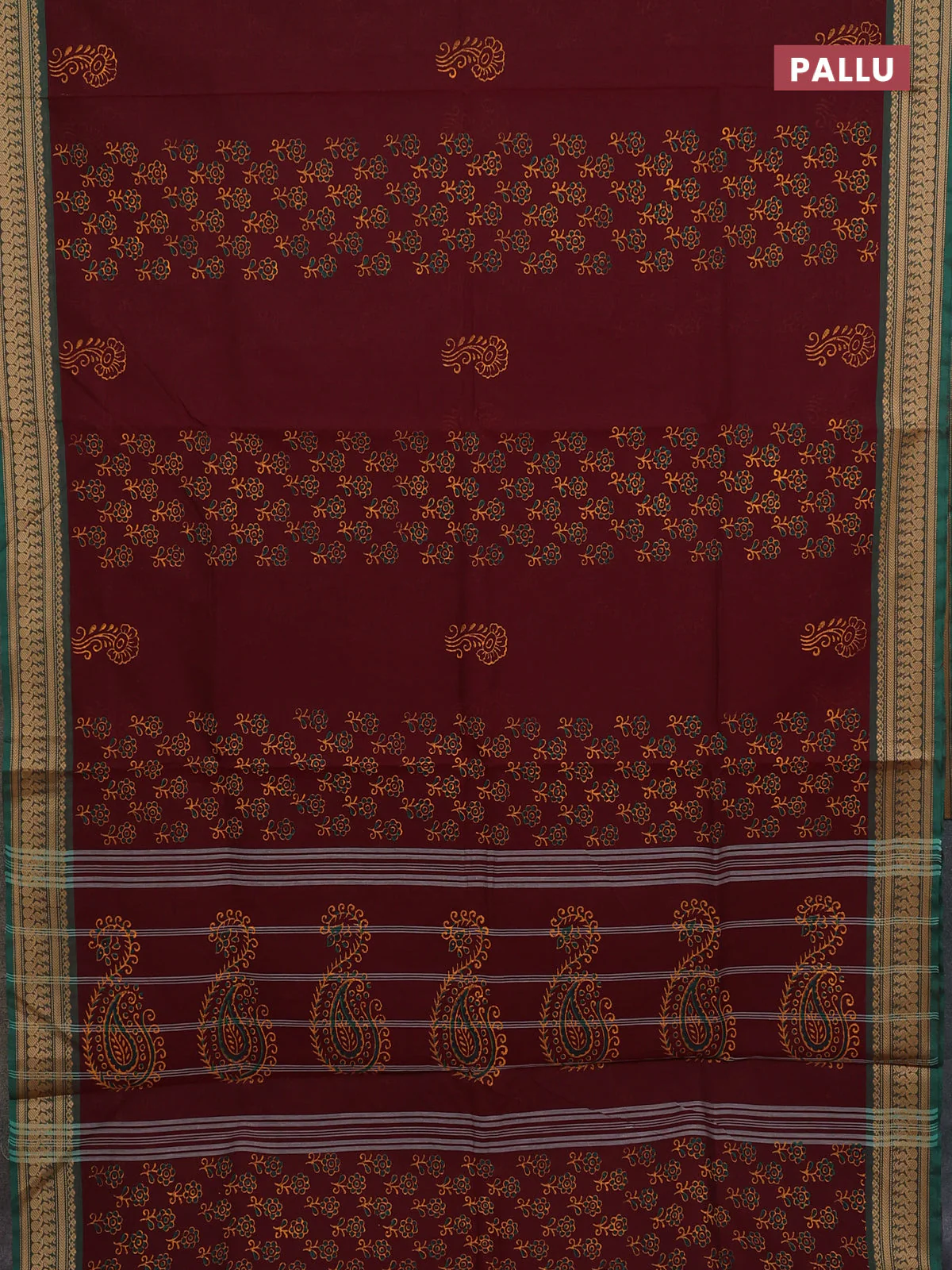 Chettinad cotton saree deep wine and green with allover prints and thread woven border - Image 3