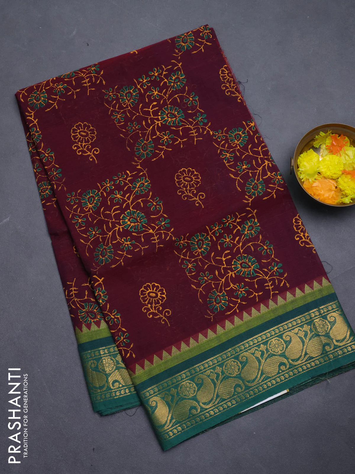 Chettinad cotton saree deep wine and green with allover prints and zari woven border