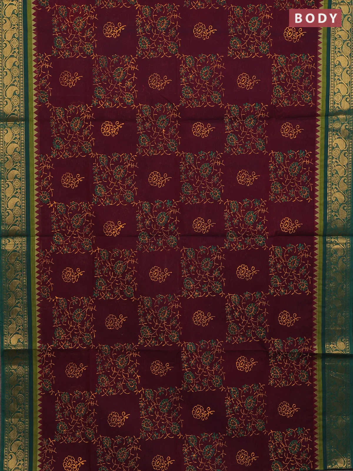Chettinad cotton saree deep wine and green with allover prints and zari woven border - Image 2