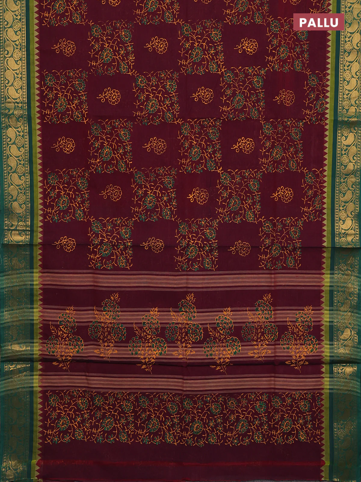 Chettinad cotton saree deep wine and green with allover prints and zari woven border - Image 3