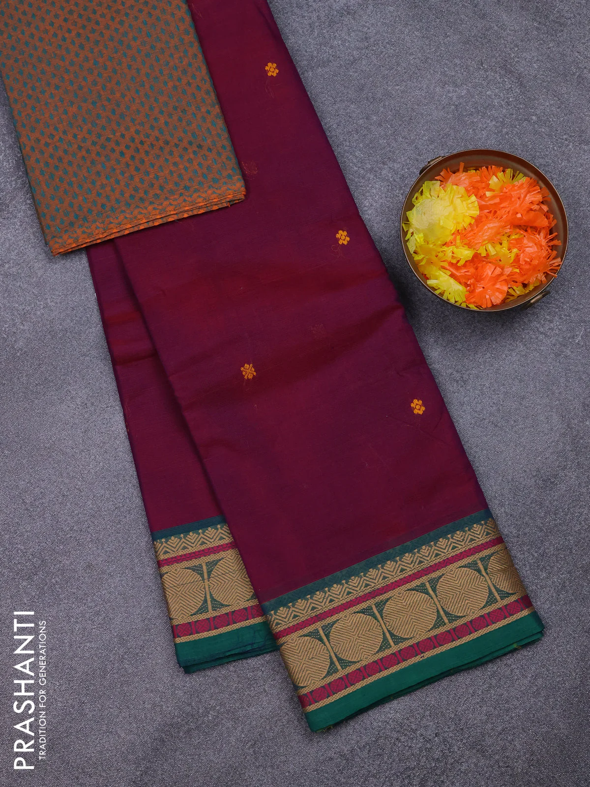 Chettinad cotton saree deep wine and green with thread woven buttas and thread woven border