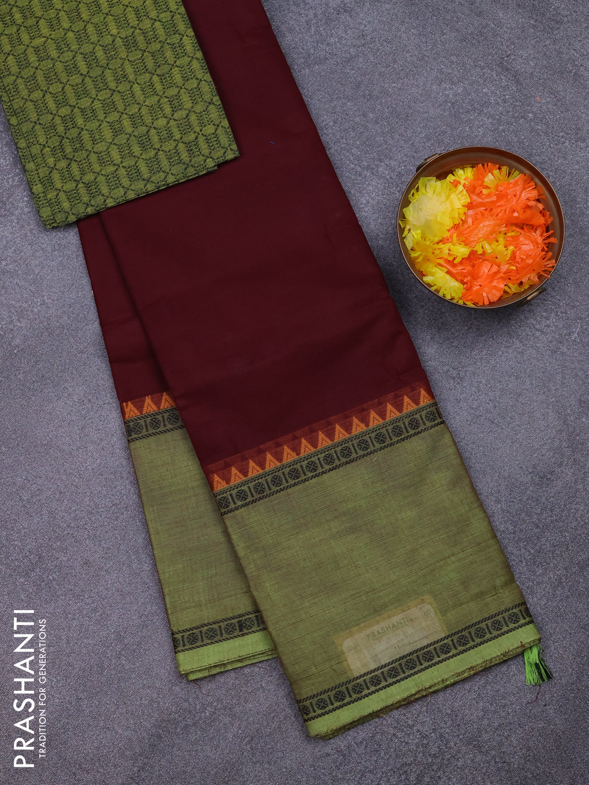 Chettinad cotton saree deep wine and light green with plain body and temple design rettapet thread woven border