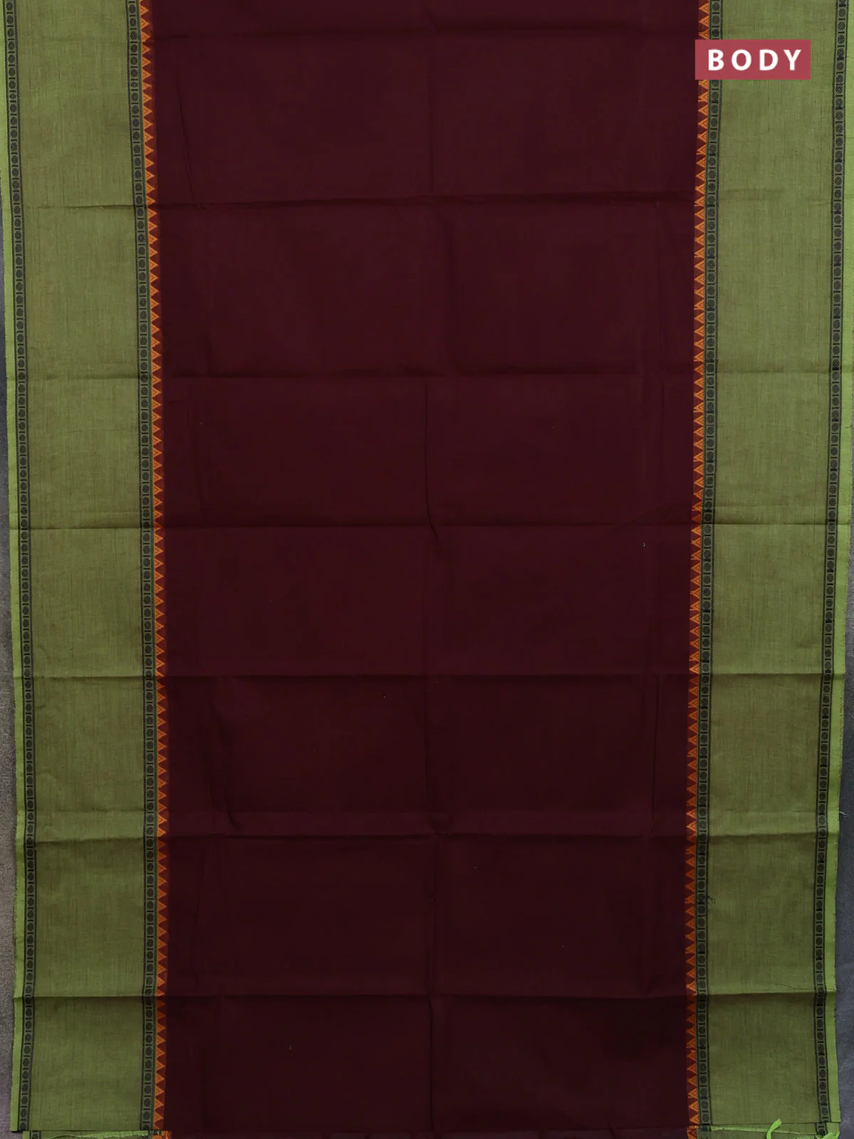 Chettinad cotton saree deep wine and light green with plain body and temple design rettapet thread woven border - Image 2
