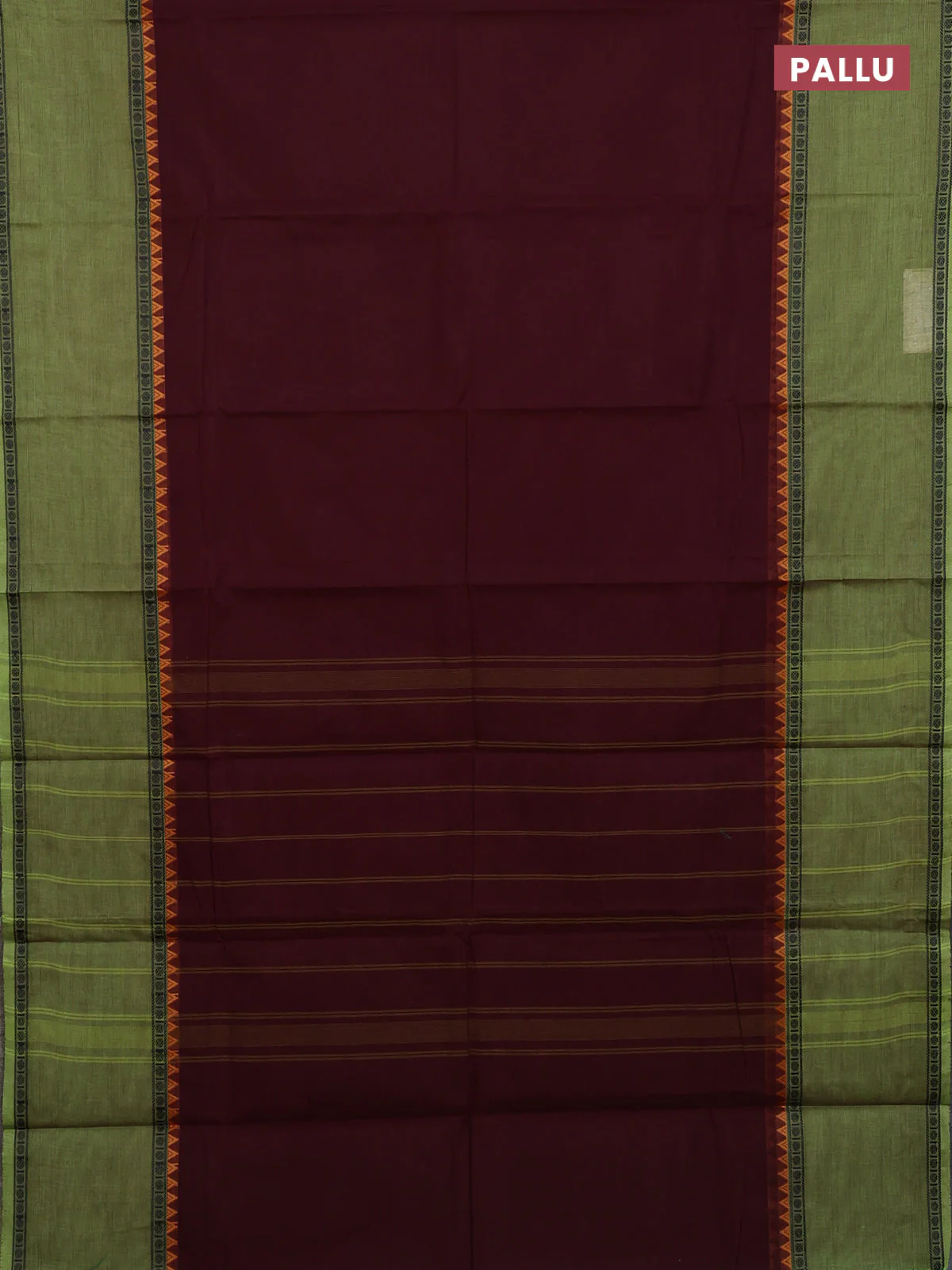 Chettinad cotton saree deep wine and light green with plain body and temple design rettapet thread woven border - Image 3