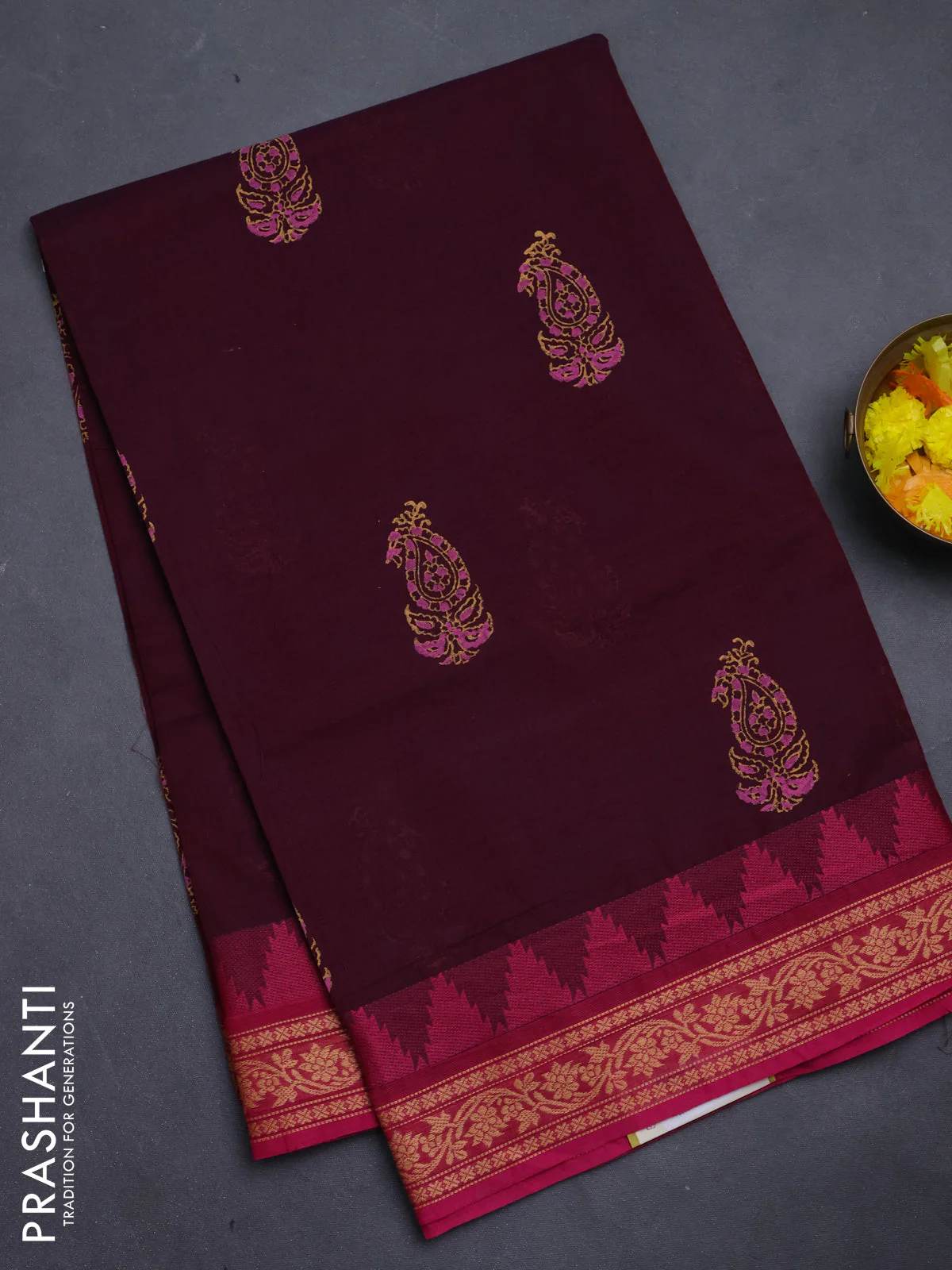 Chettinad cotton saree deep wine and pink with paisley prints and temple thread woven border