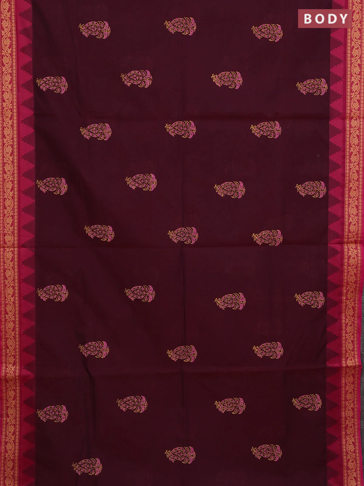 Chettinad cotton saree deep wine and pink with paisley prints and temple thread woven border - Image 2