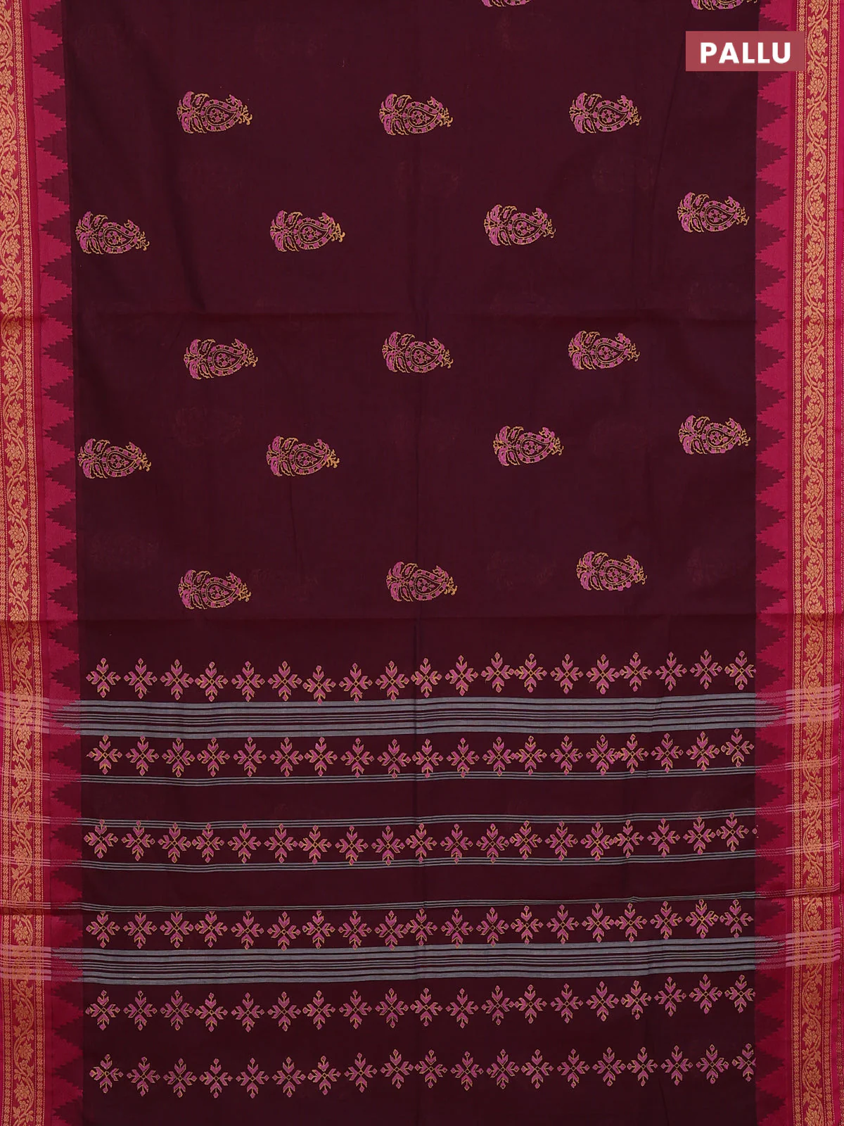 Chettinad cotton saree deep wine and pink with paisley prints and temple thread woven border - Image 3