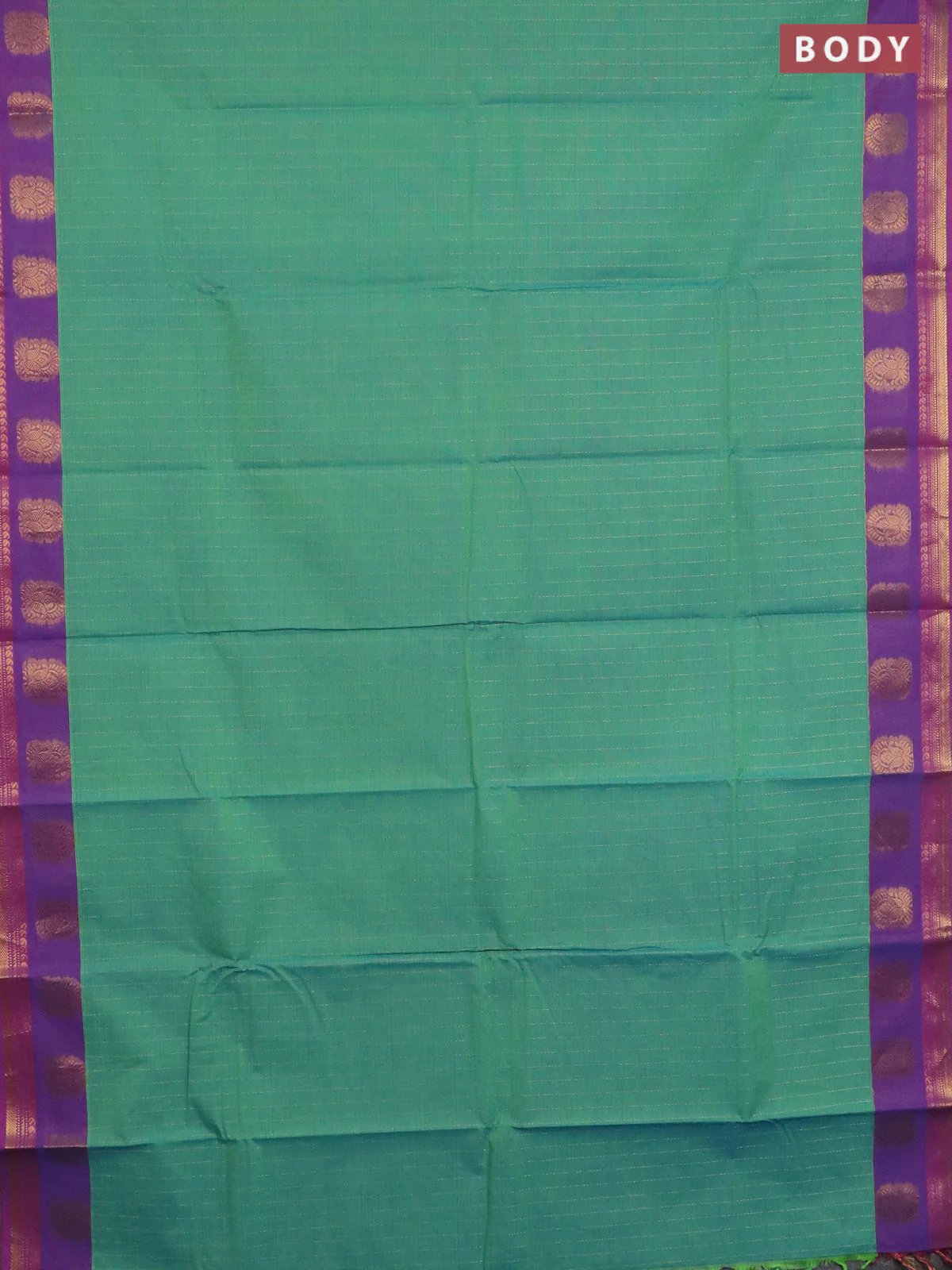 Chettinad cotton saree dua shade of teal green and purple with zari stripes pattern and zari woven border - Image 2