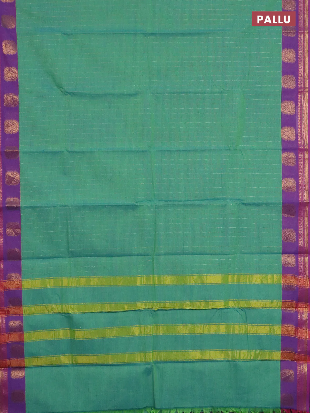 Chettinad cotton saree dua shade of teal green and purple with zari stripes pattern and zari woven border - Image 3
