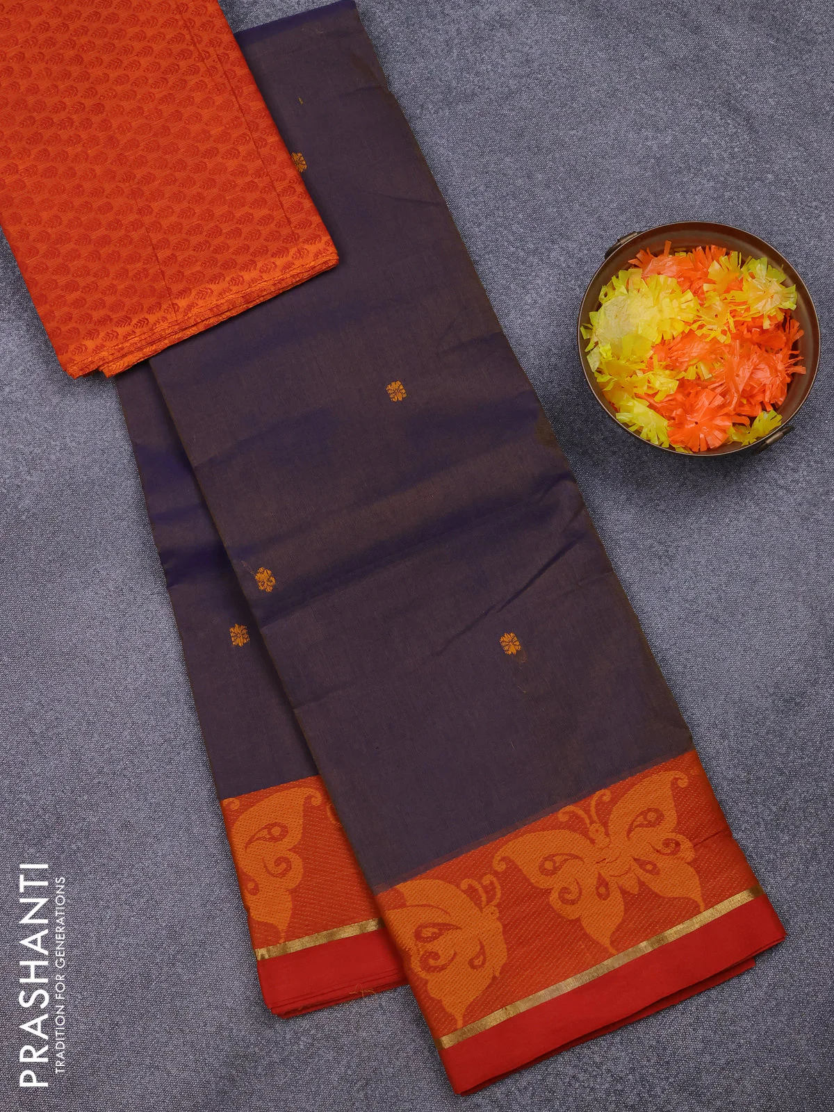 Chettinad cotton saree dual shade of blue and rustic orange with thread woven buttas and thread woven border