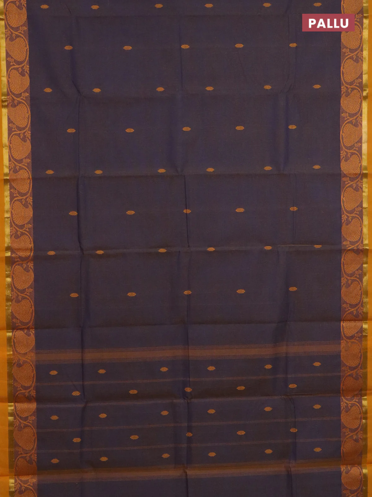 Chettinad cotton saree dual shade of blue and yellow with thread woven buttas and paisley thread woven border - Image 3