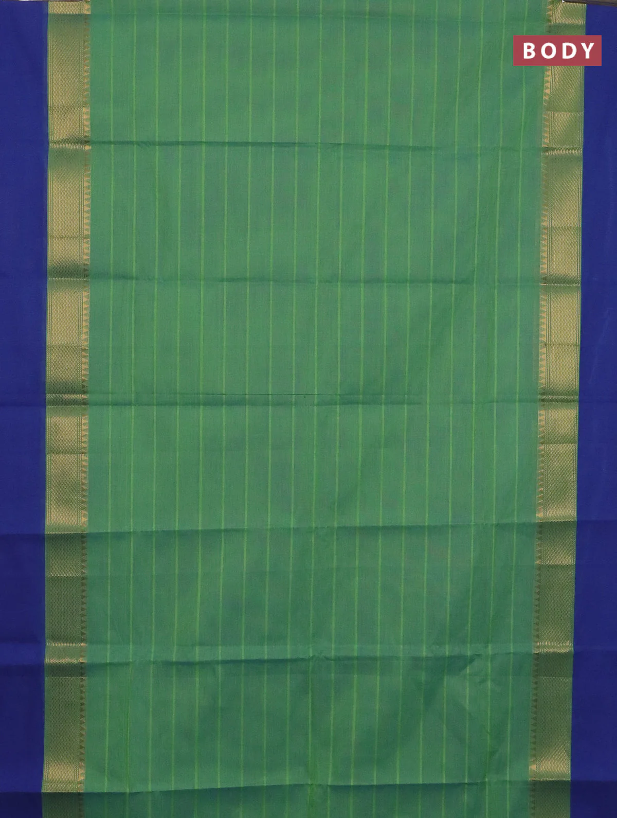 Chettinad cotton saree dual shade of bluish green and blue with allover stripes parttern and temple zari woven simple border - Image 2