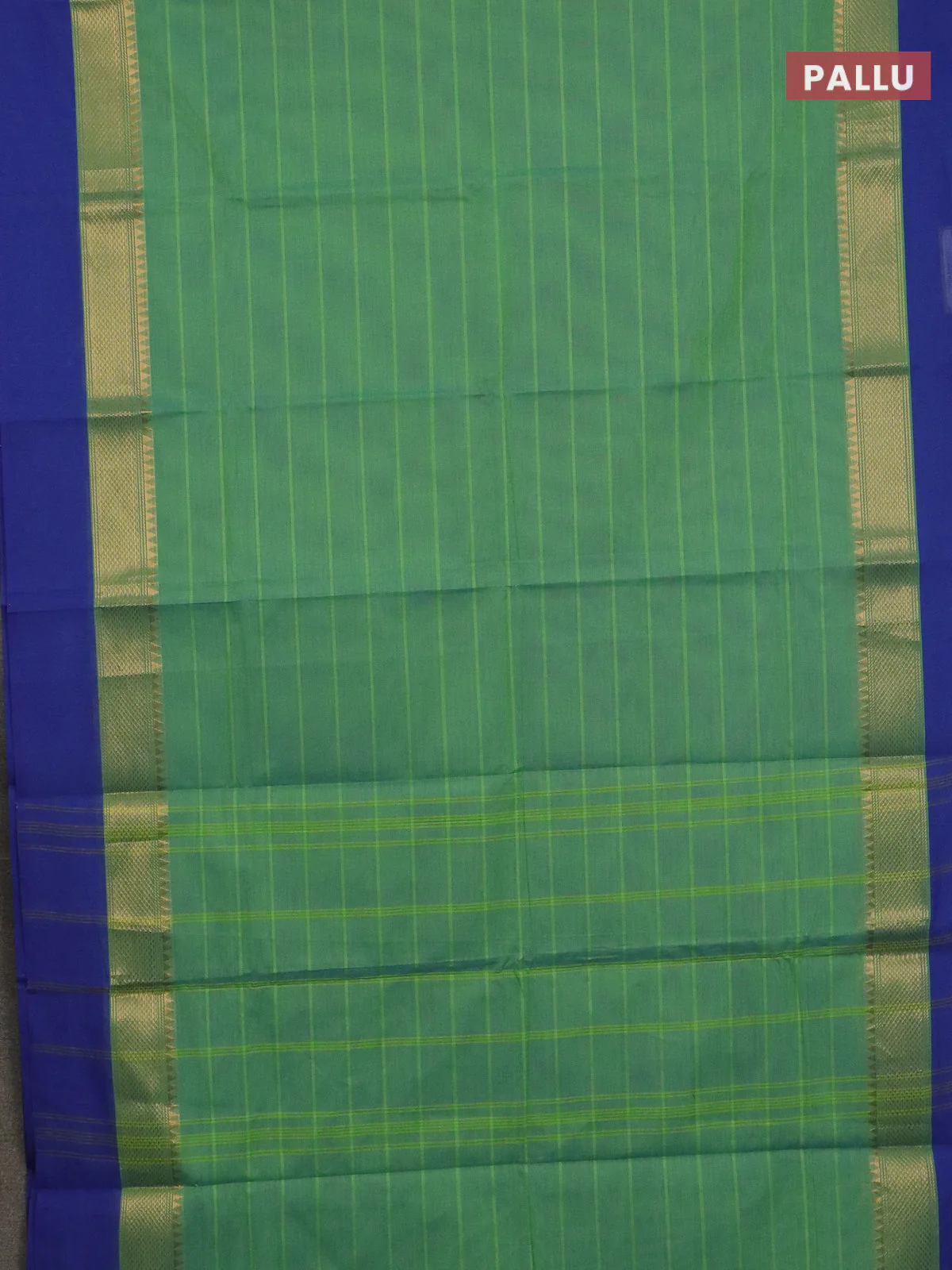 Chettinad cotton saree dual shade of bluish green and blue with allover stripes parttern and temple zari woven simple border - Image 3
