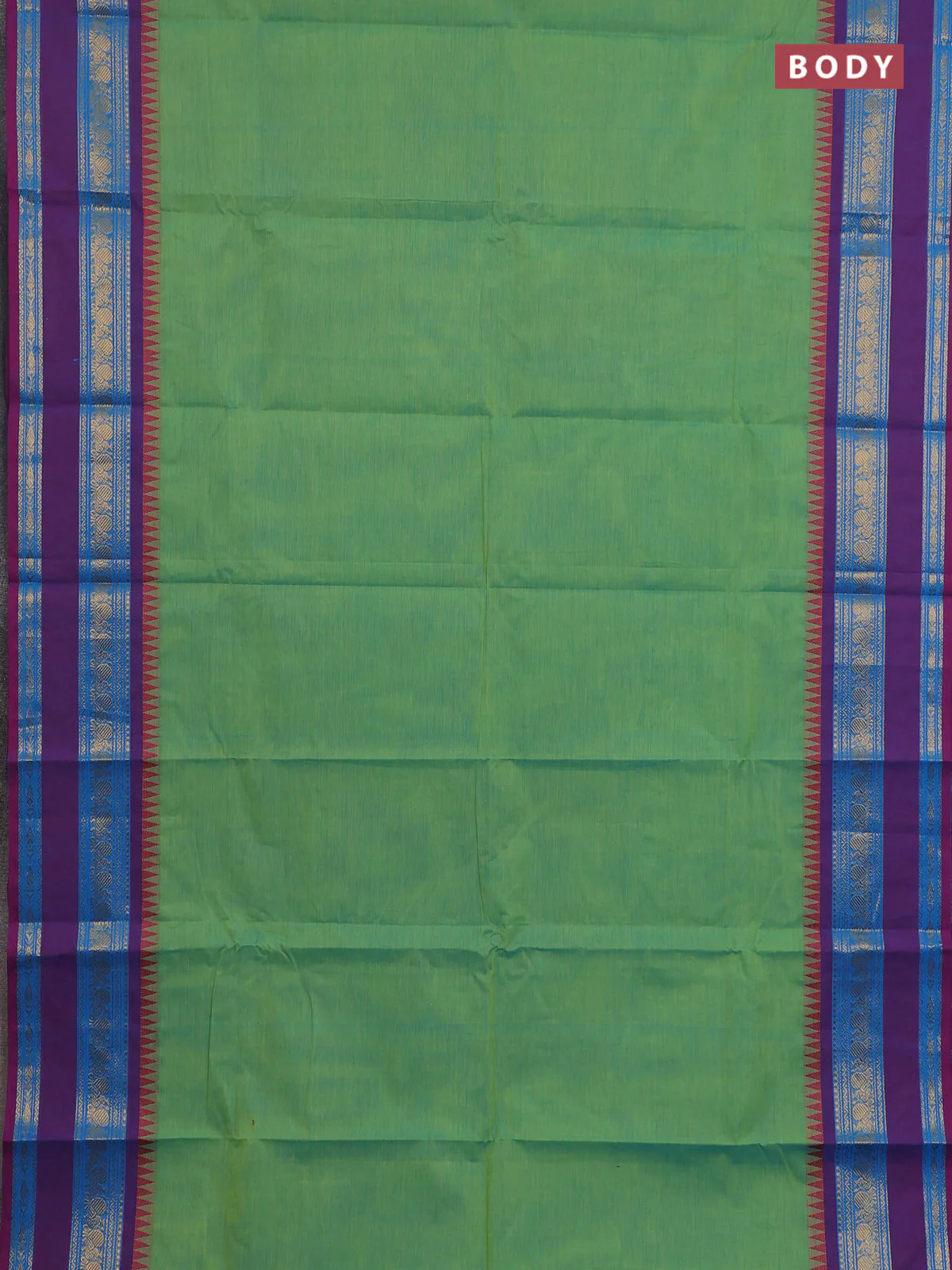Chettinad cotton saree dual shade of green and purple with plain body and rettapet zari woven border - Image 2