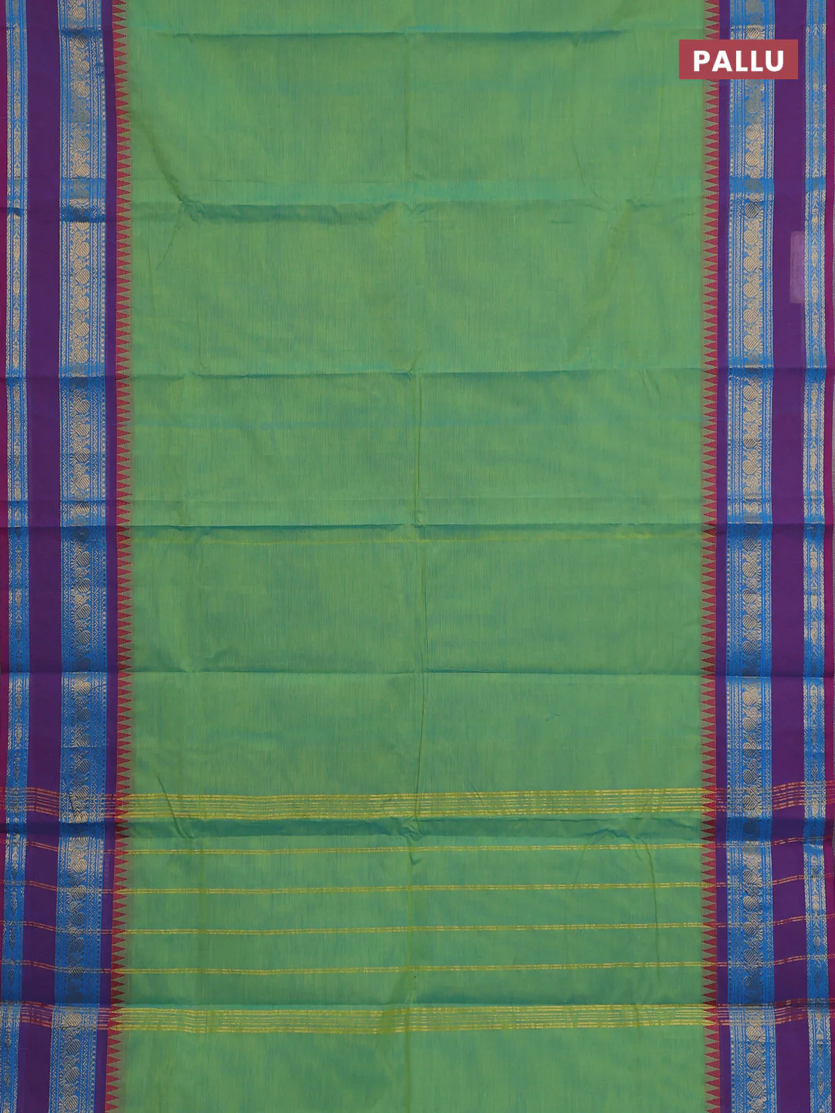 Chettinad cotton saree dual shade of green and purple with plain body and rettapet zari woven border - Image 3