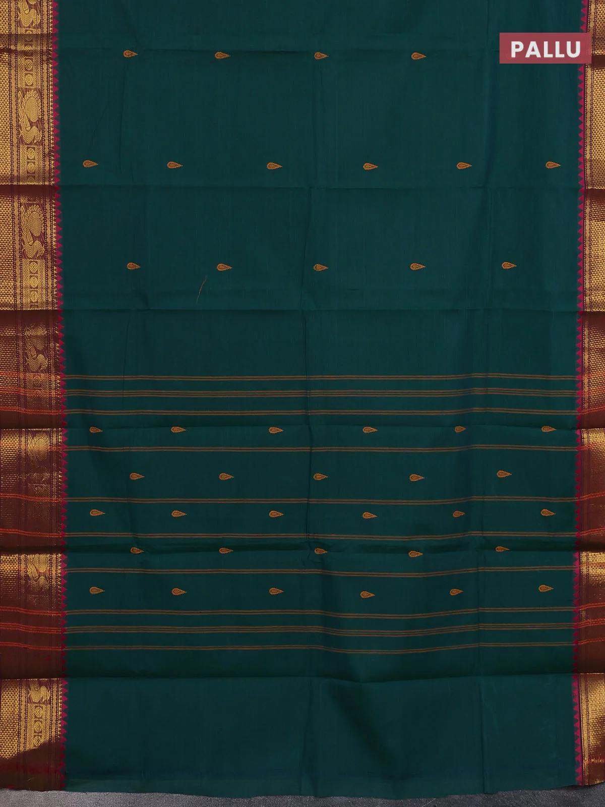 Chettinad cotton saree dual shade of green and purple with thread woven buttas and zari woven border - Image 3