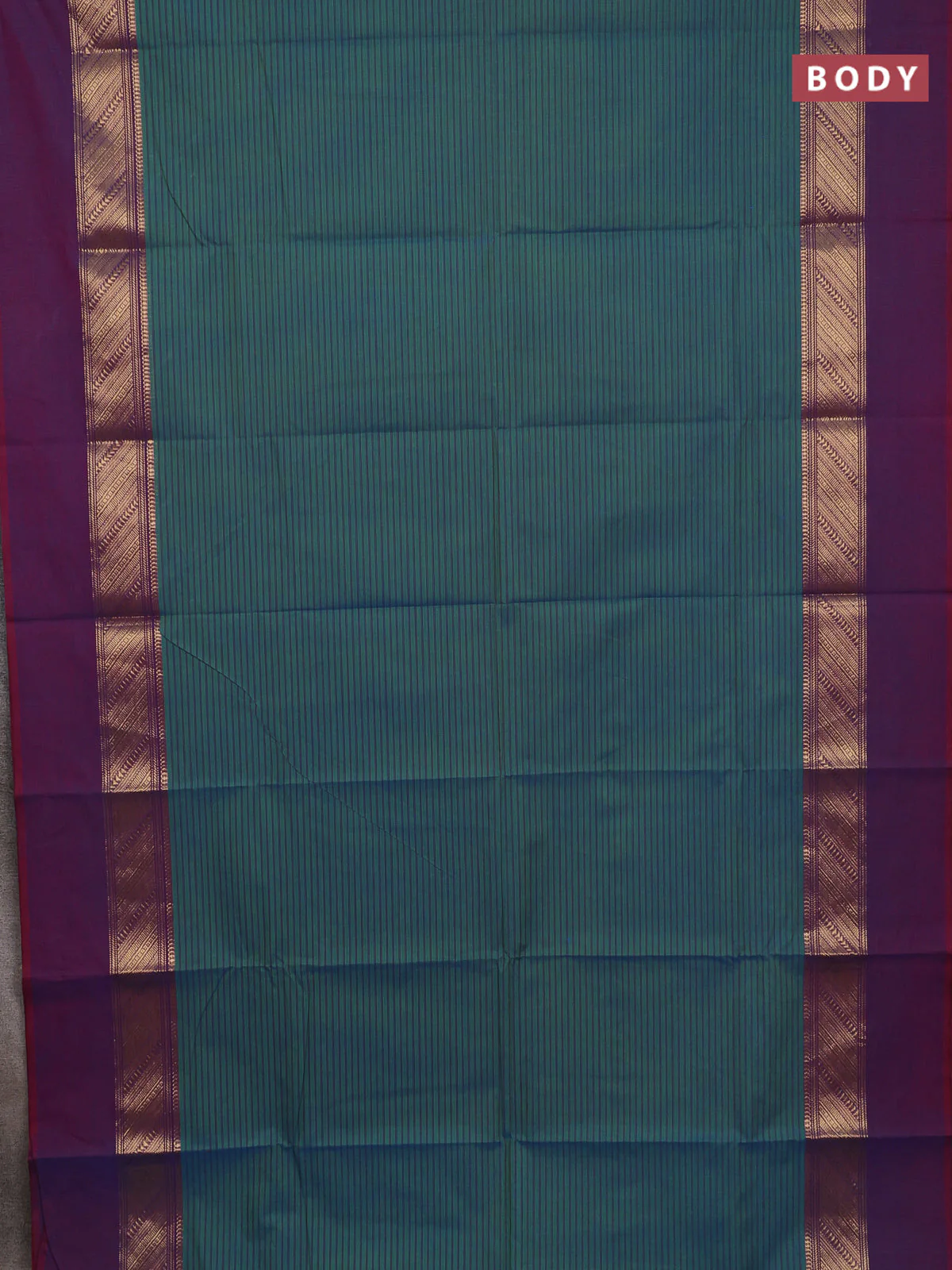 Chettinad cotton saree dual shade of greenish blue and purple with allover thread stripes pattern and zari woven simple border - Image 2
