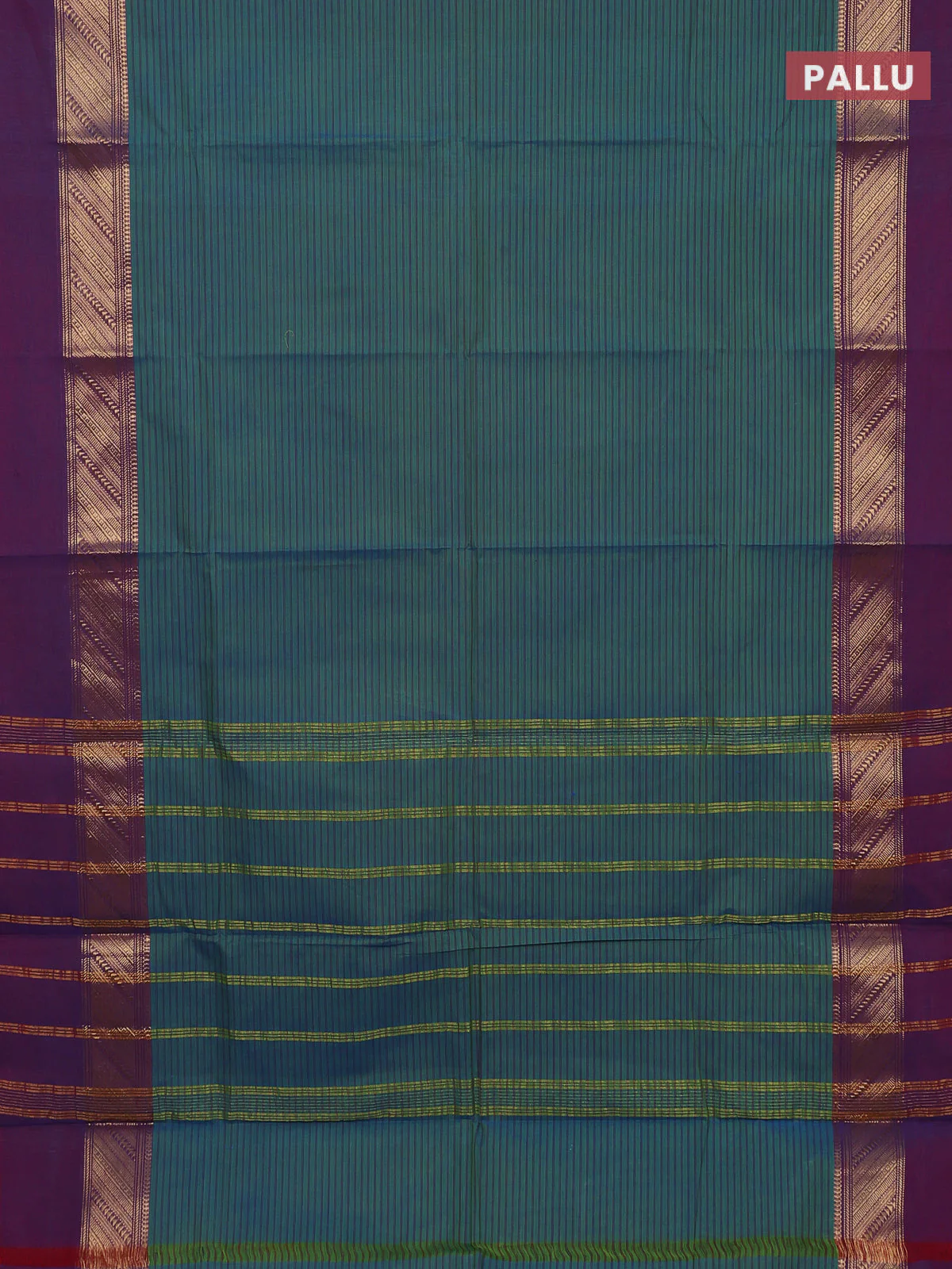 Chettinad cotton saree dual shade of greenish blue and purple with allover thread stripes pattern and zari woven simple border - Image 3