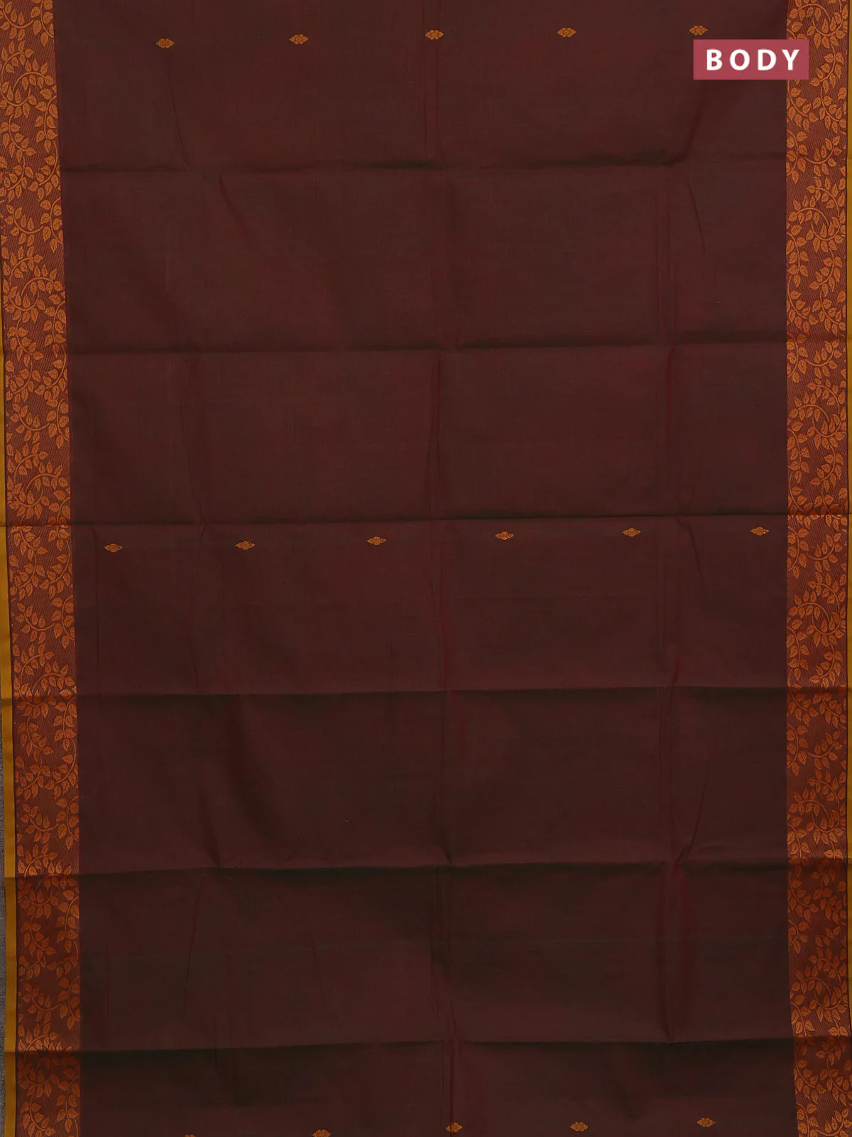 Chettinad cotton saree dual shade of greenish maroon and dark mustard and thread woven buttas and thread woven border - Image 2