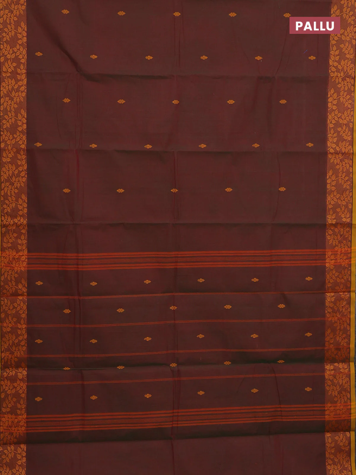 Chettinad cotton saree dual shade of greenish maroon and dark mustard and thread woven buttas and thread woven border - Image 3