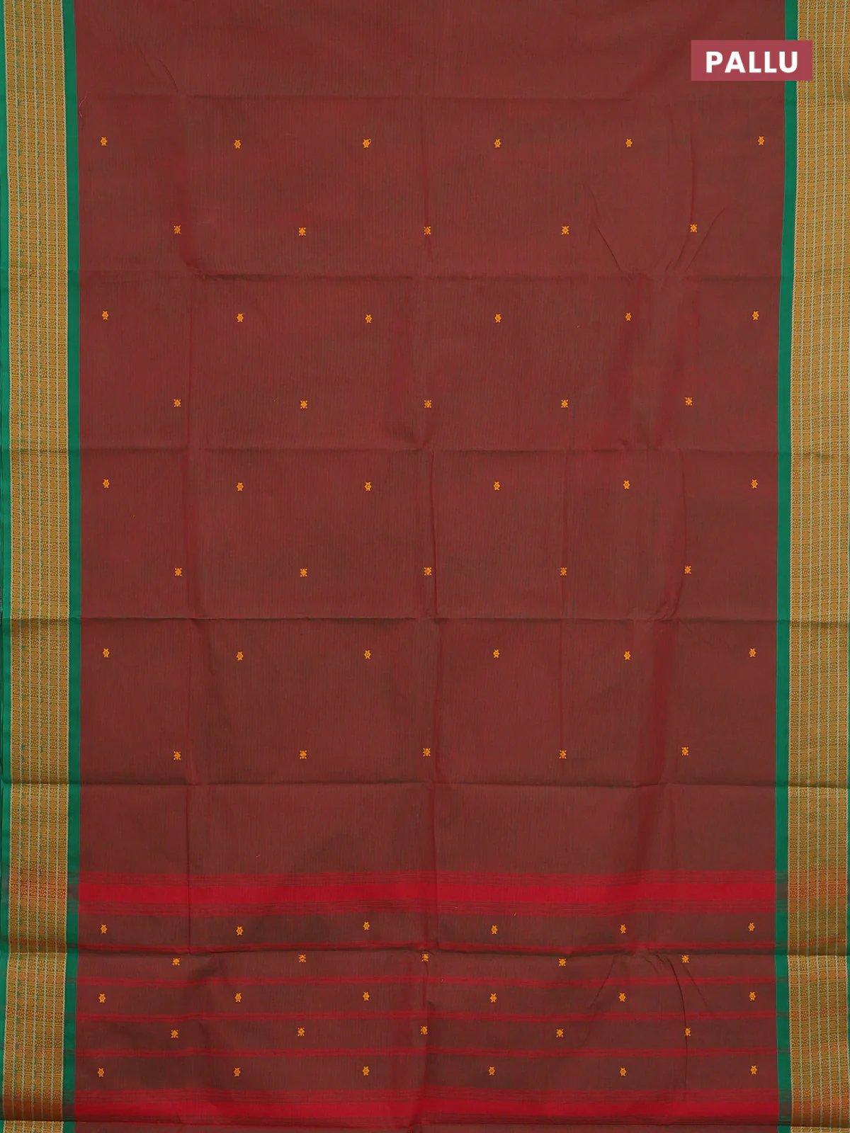 Chettinad cotton saree dual shade of greenish maroon and green with thread woven buttas and thread woven border - Image 3