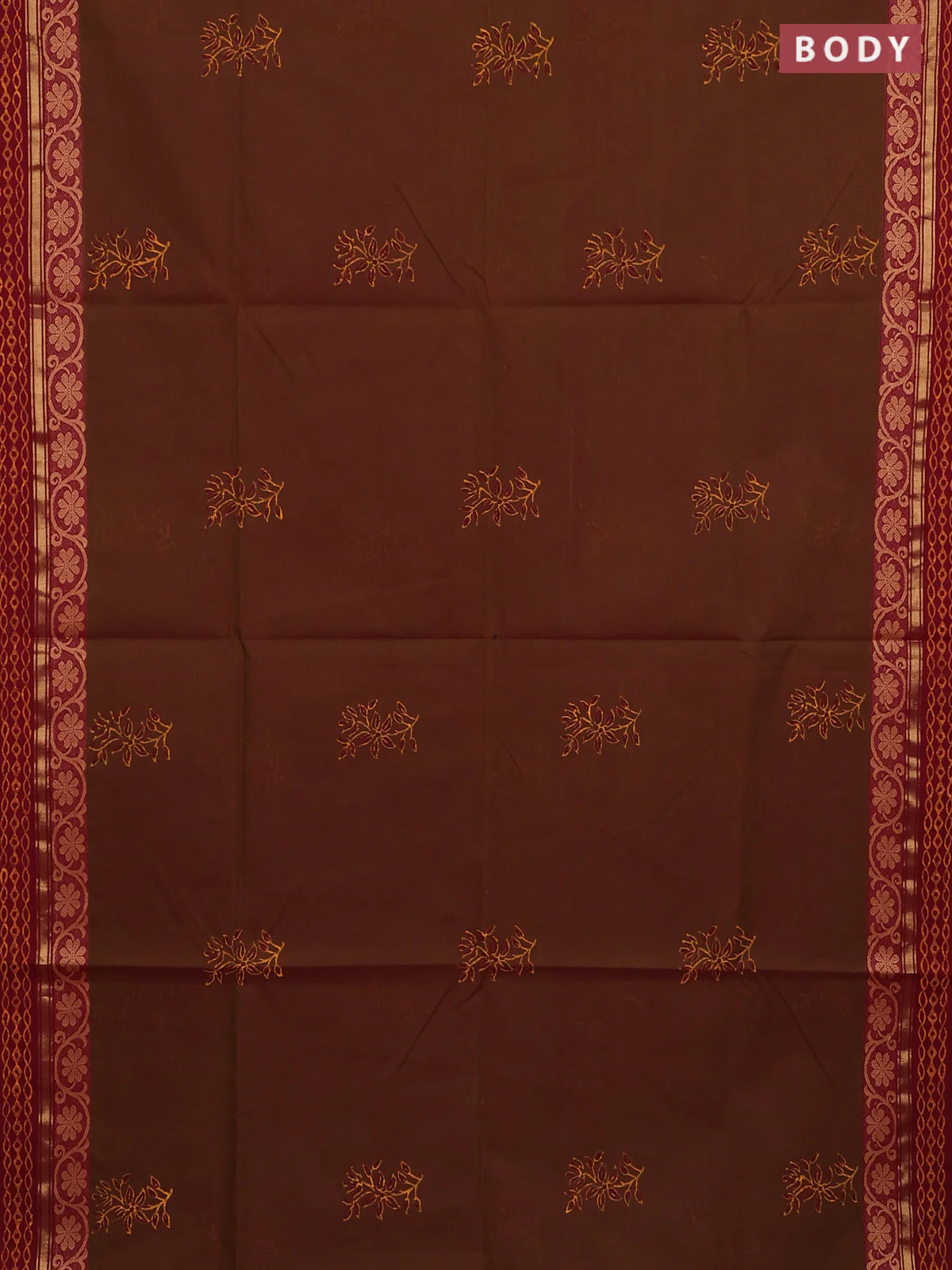 Chettinad cotton saree dual shade of greenish maroon and maroon with floral prints and thread & zari woven border - Image 2