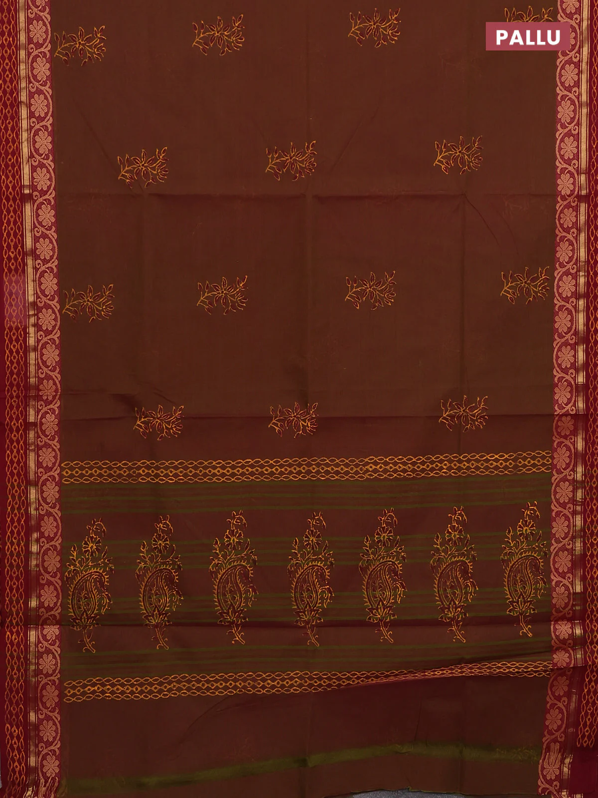 Chettinad cotton saree dual shade of greenish maroon and maroon with floral prints and thread & zari woven border - Image 3