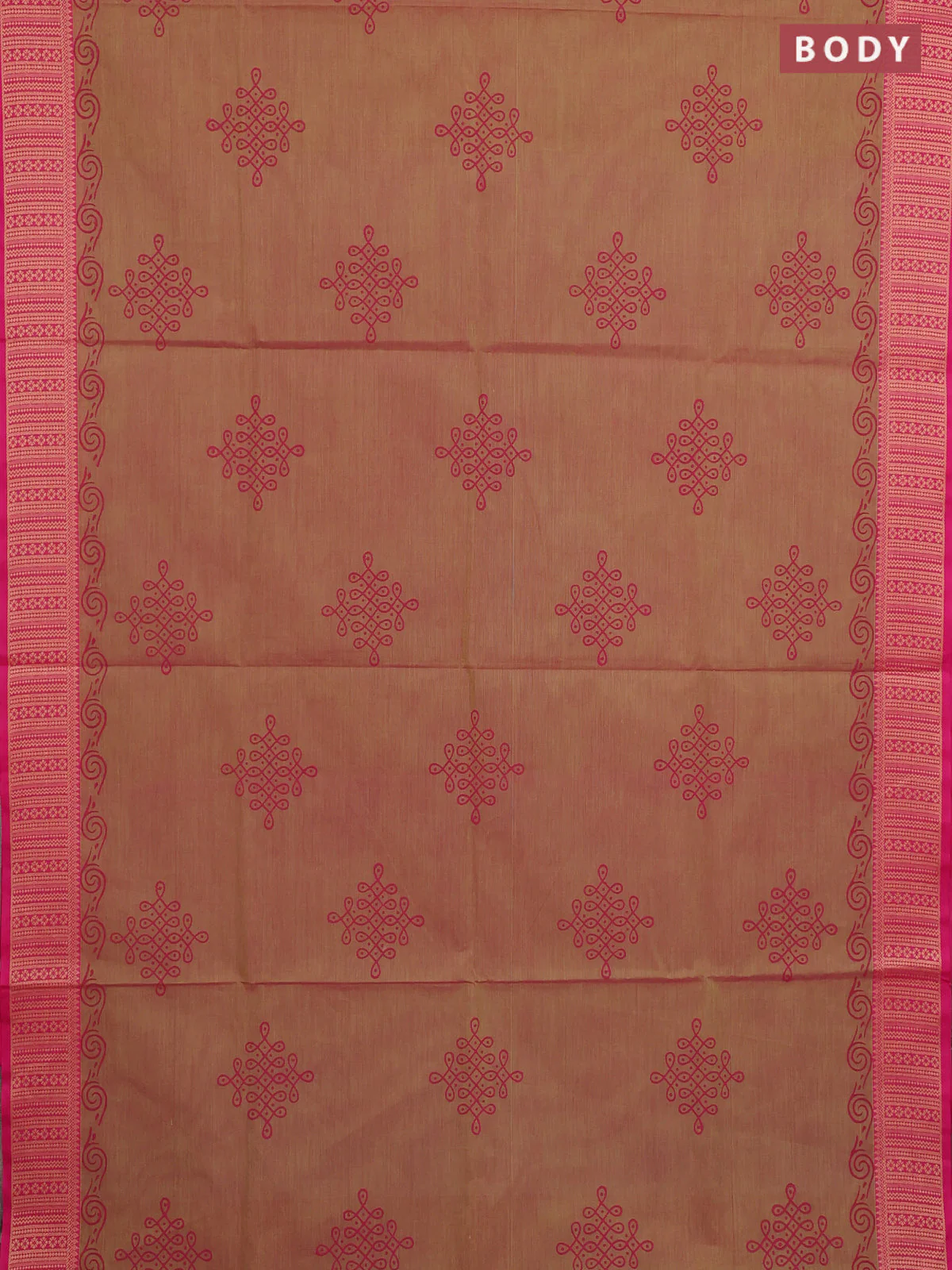 Chettinad cotton saree dual shade of greenish pink and pink with allover prints and thread woven border - Image 2