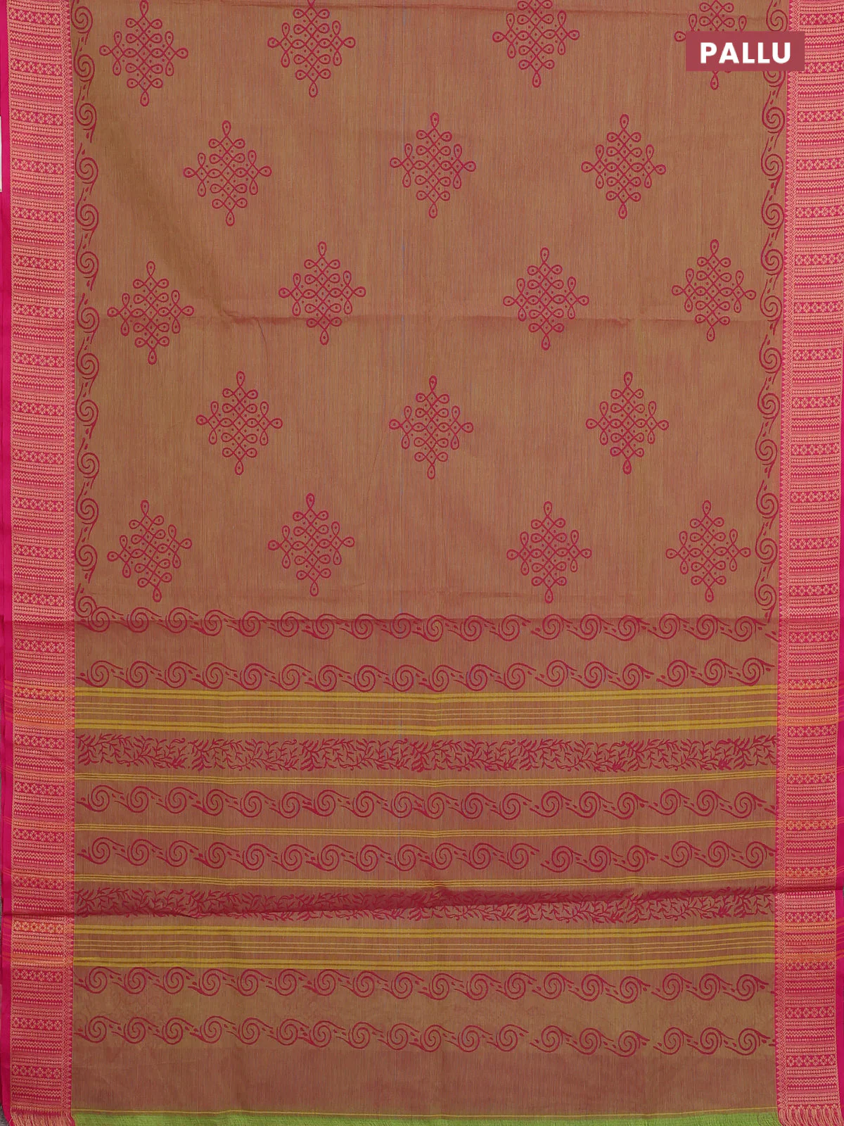 Chettinad cotton saree dual shade of greenish pink and pink with allover prints and thread woven border - Image 3