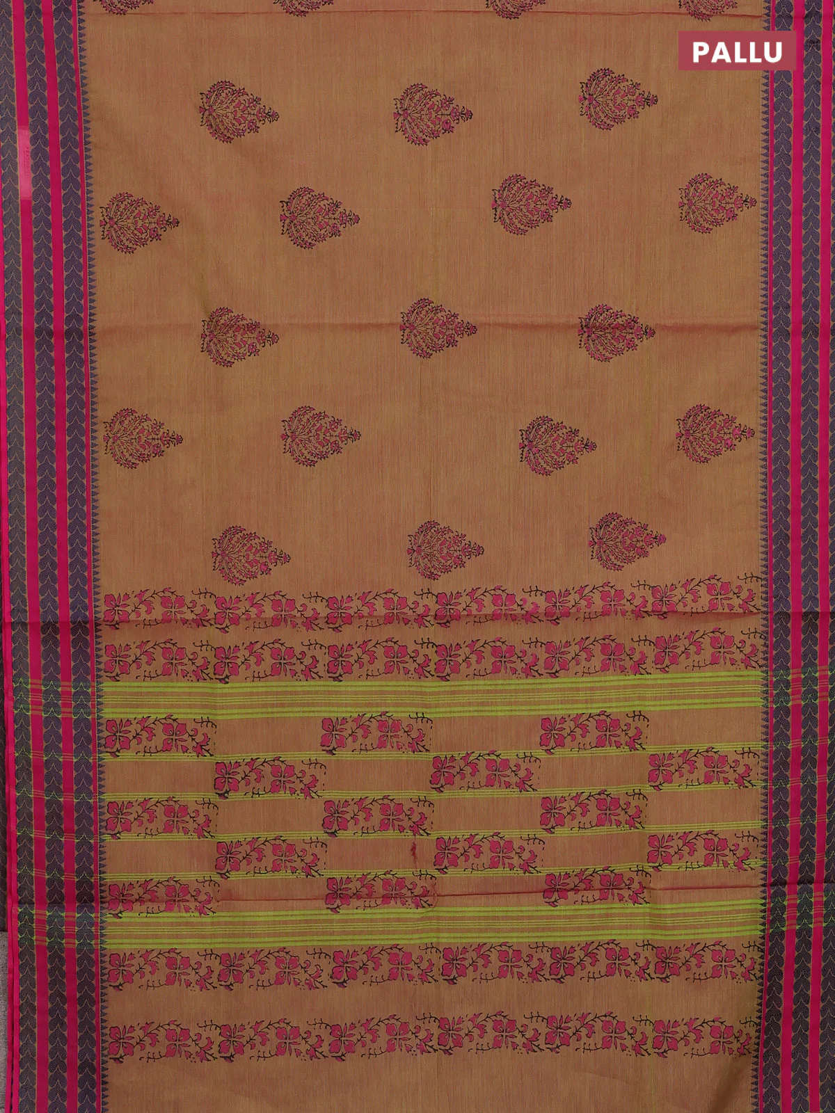 Chettinad cotton saree dual shade of greenish pink and pink with allover prints and thread woven border - Image 3
